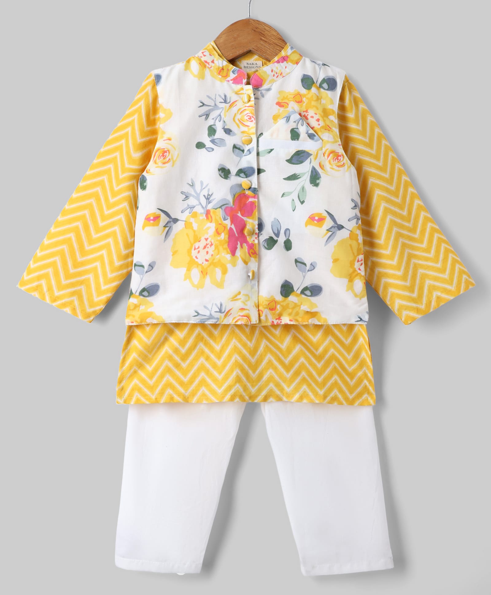 Saka Designs Cotton Woven Full Sleeves Kurta & Pyjama Set With Floral Printed Nehru Jacket - Yellow-picture-25