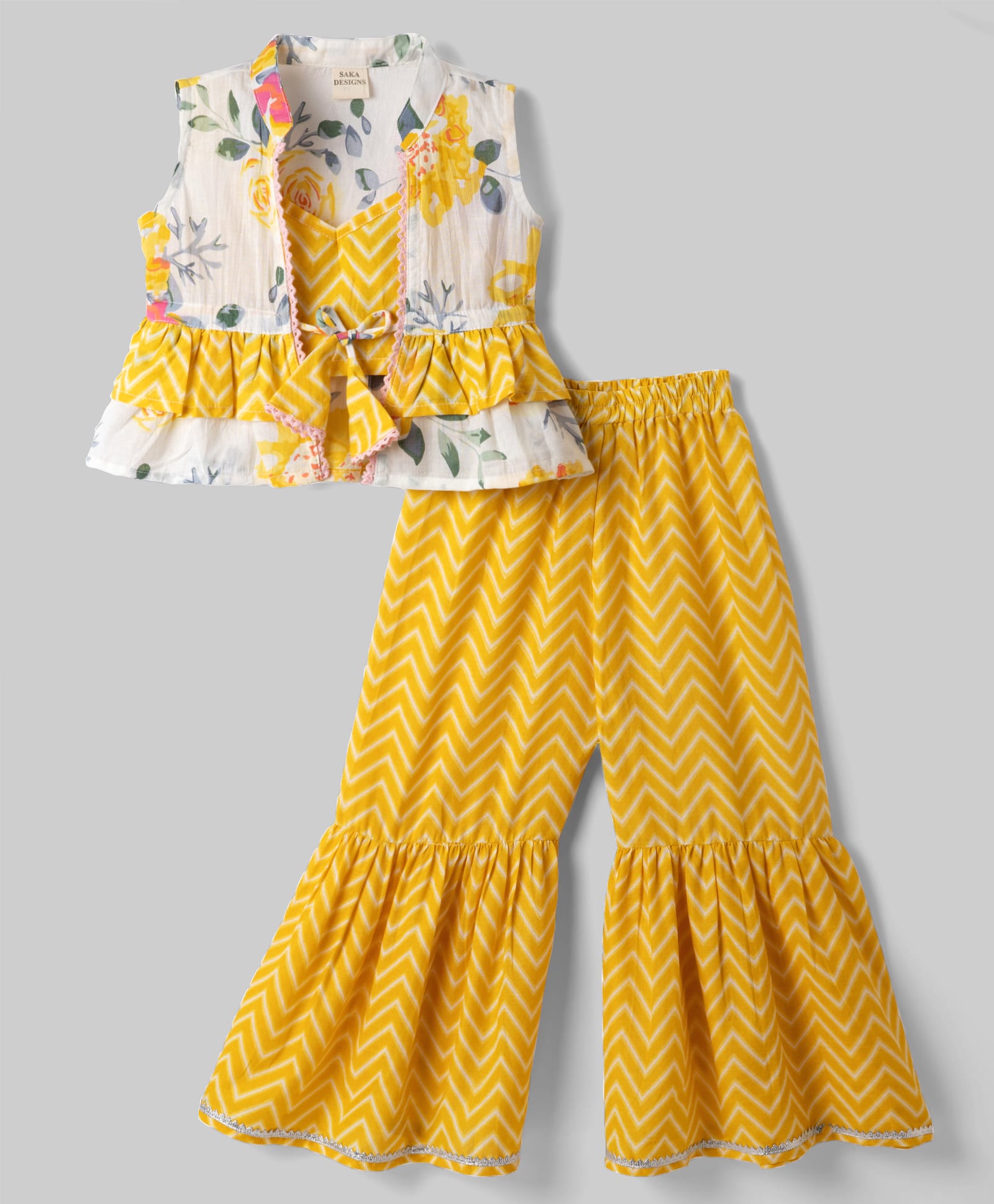 Saka Designs Cotton Woven Sleeveless Kurti & Gharara Set With Floral Printed Jacket - Yellow-image-31