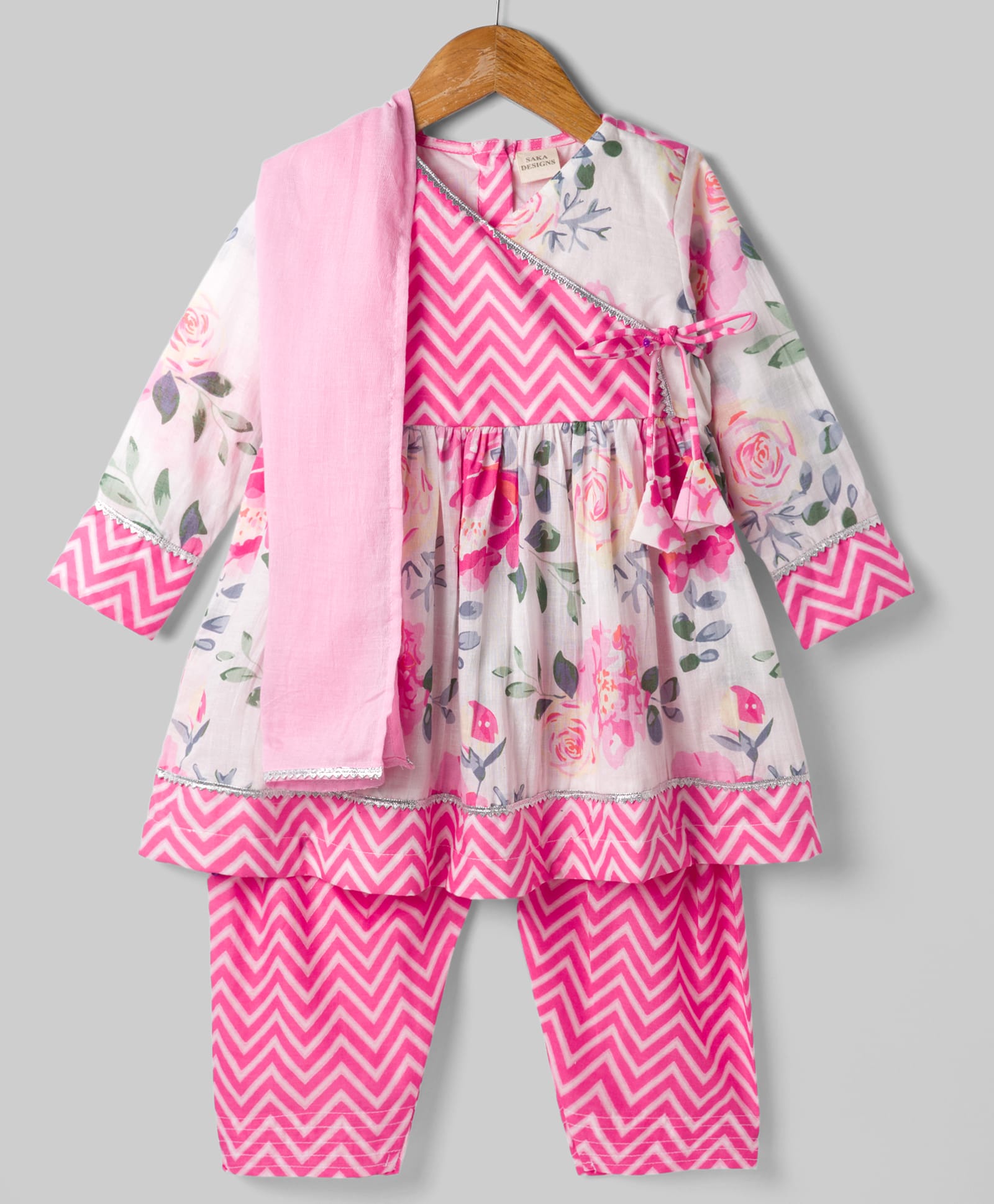 Saka Designs Cotton Woven Full Sleeves Floral Printed Kurti & Salwar Set with Dupatta - White & Pink-image-6