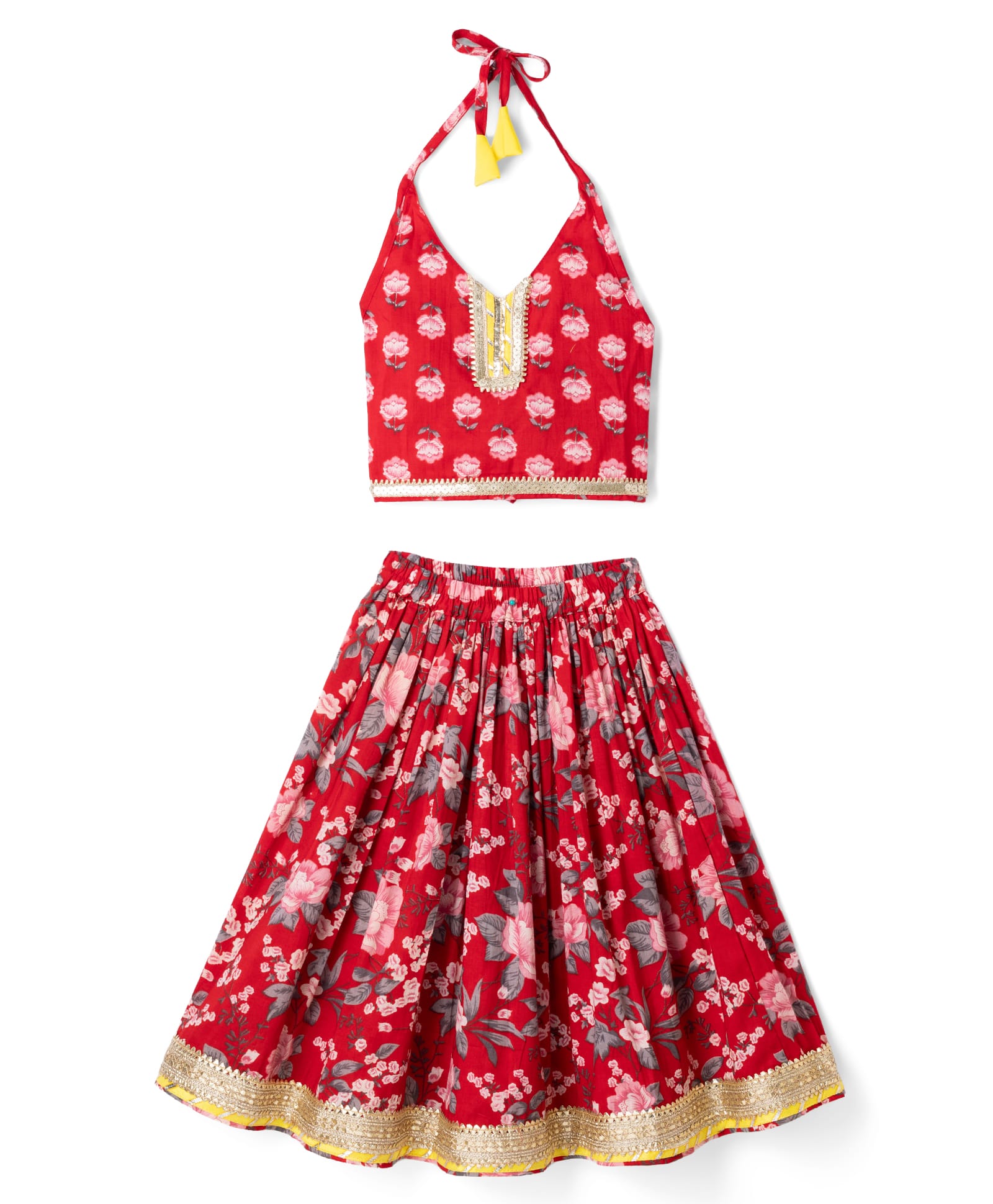 Saka Designs Cotton Woven Sleeveless Floral Printed Lehenga Choli With Lace Detailing - Red-image-39