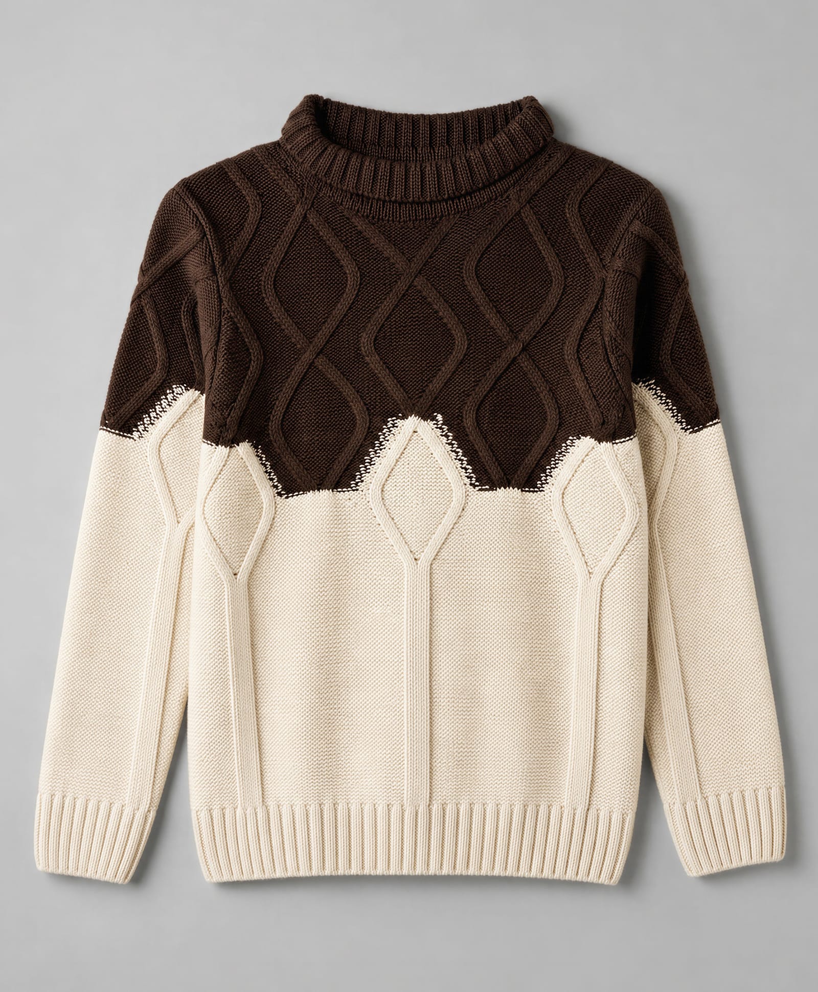 Pine Kids Knit Full Sleeves Colour Block Cable Knit Designed Pullover - Cream & Brown-picture-12