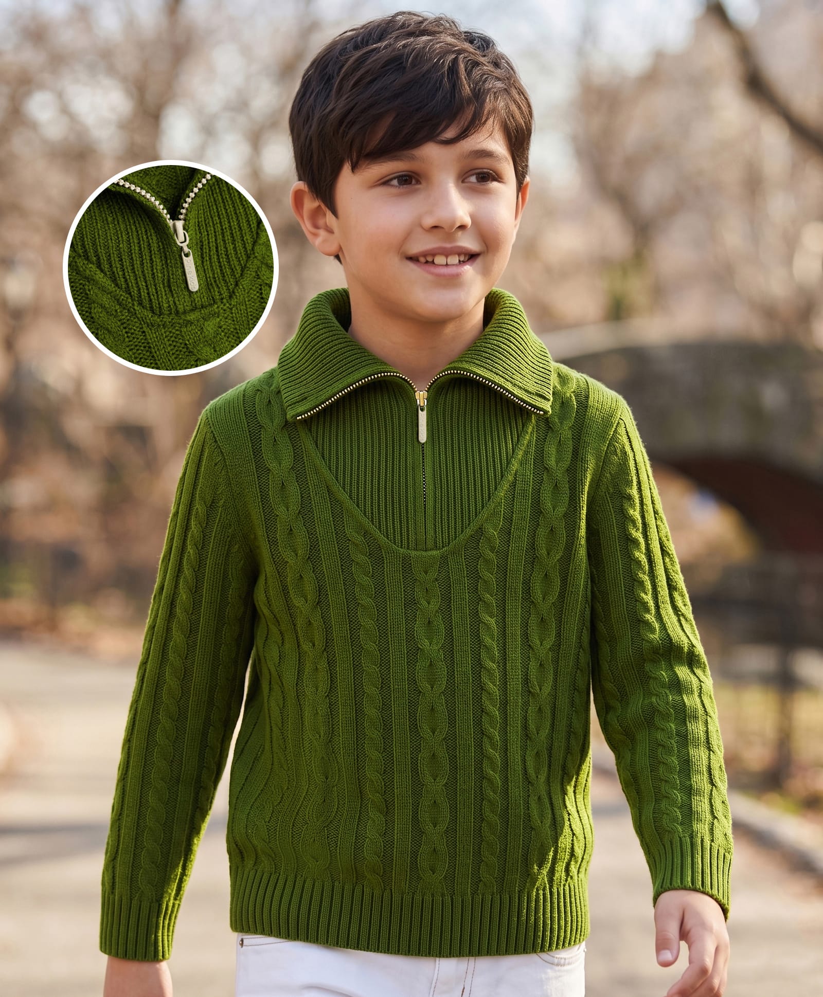 Pine Kids Knit Full Sleeves Pullover Sweater With Cable Knit Design - Green-picture-24