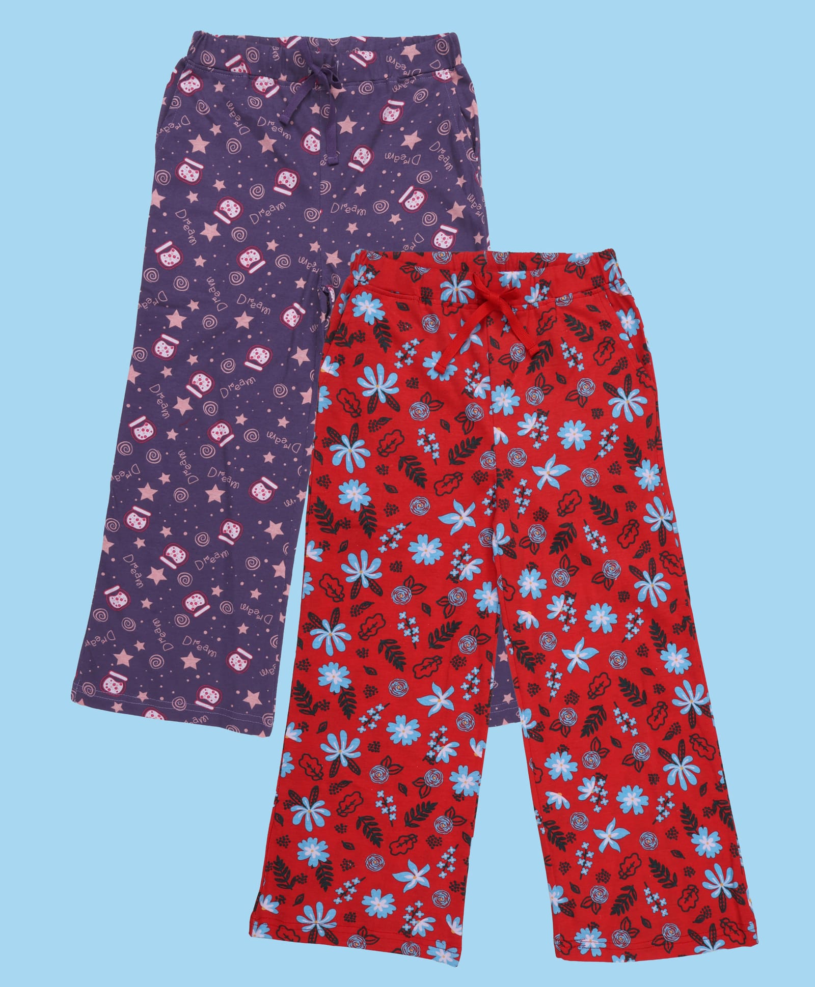 Kiddopanti Cotton Knit Pack Of 2 Dream Text Stars & Floral Printed Pajamas - Dusty Purple & Red-picture-22