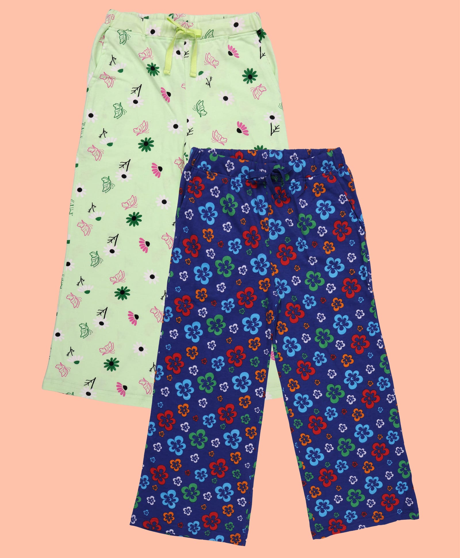 Kiddopanti Cotton Knit Pack Of 2 Floral & Butterfly Printed Pajamas - Mint Lime & Royal Blue-picture-14