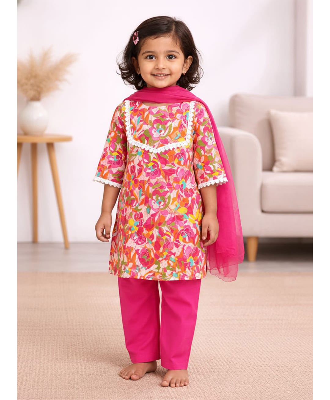 Vastrarth Cotton Woven Three Fourth Sleeves Floral Printed Kurti & Salwar With Dupatta Set - Pink-picture-15