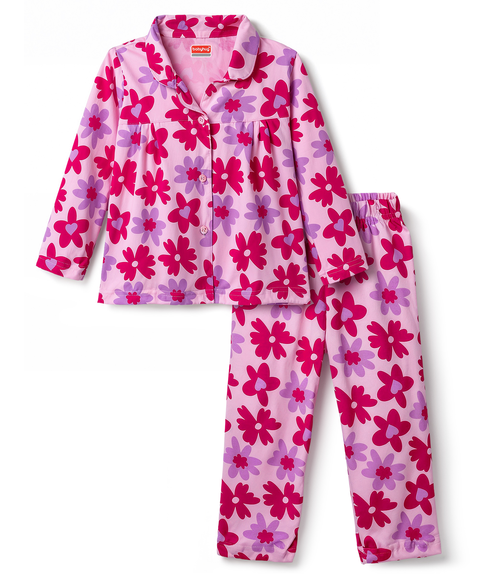 Babyhug Cotton Knit Full Sleeves Front Open Co-Ords Floral Printed Top & Pajama Night Suit - Pink-image-9