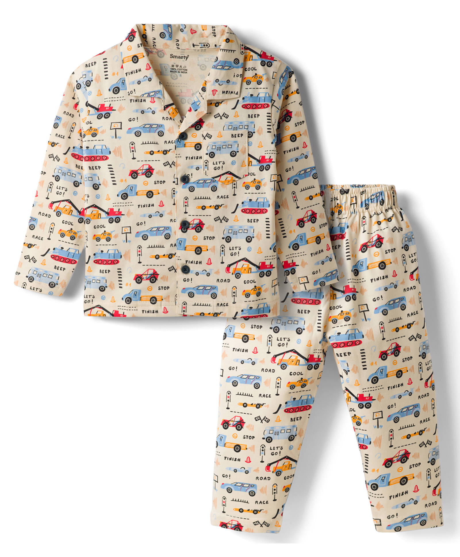 Smarty Boys Sinker Knit Full Sleeves Co Ord Shirt & Pyjama Night Suit Vehicle Print - Cream-picture-27