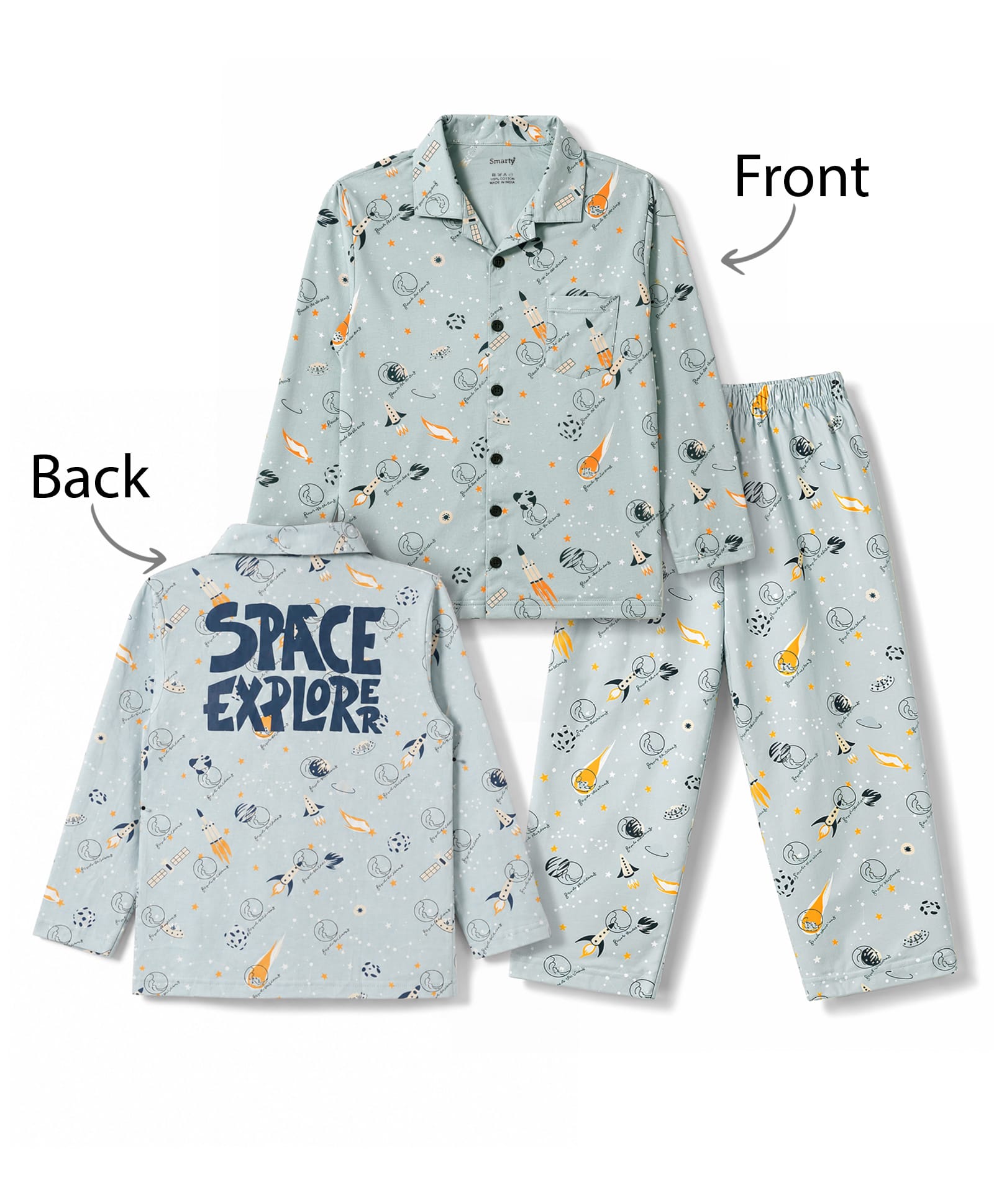 Smarty Boys Sinker Knit Full Sleeves Shirt & Pyjama Night Suit With Space Theme Print - Light Blue-picture-28