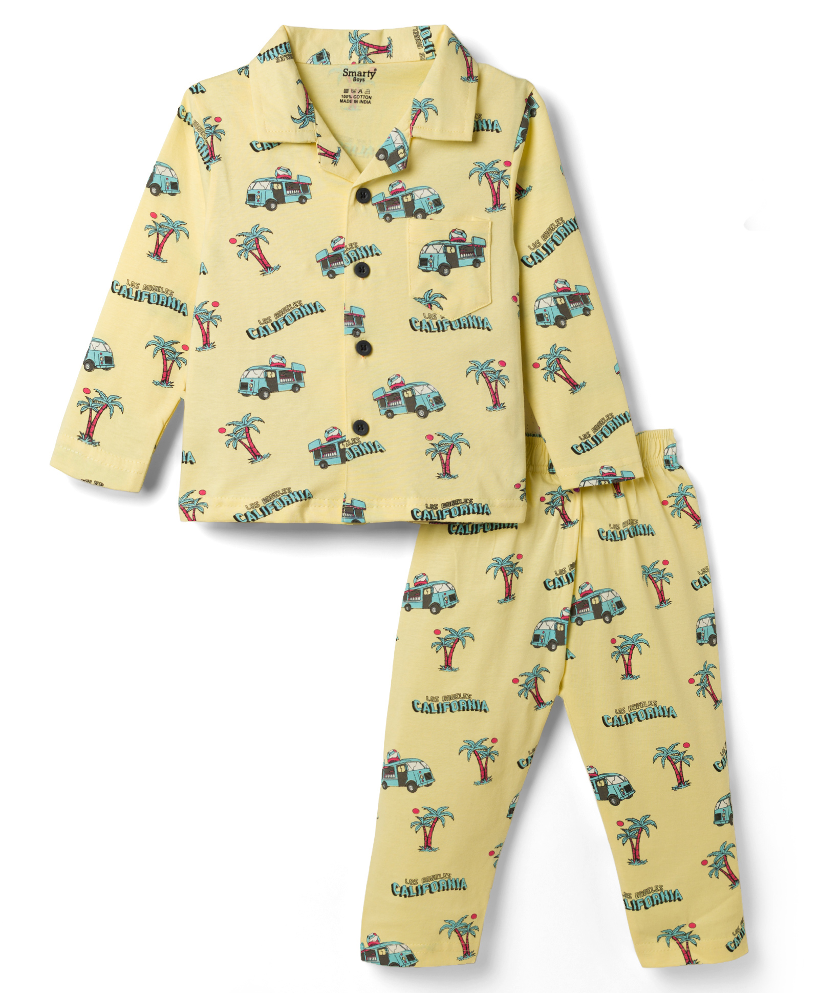 Smarty Boys Sinker Knit Full Sleeves Co Ord Shirt & Pyjama Night Suit Bus Print - Lemon Yellow-picture-36
