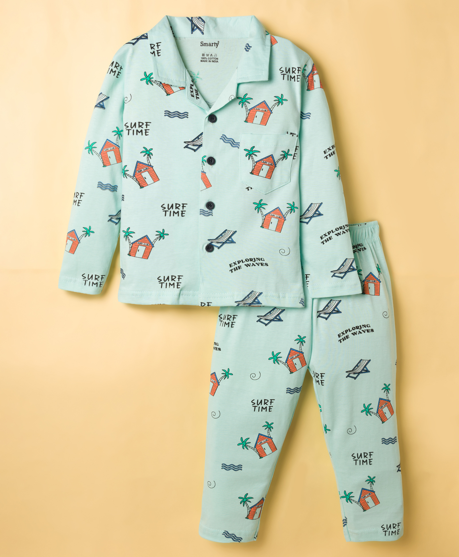 Smarty Boys Sinker Knit Full Sleeves Co Ord Shirt & Pyjama Night Suit Surfing Print - Blue-picture-29