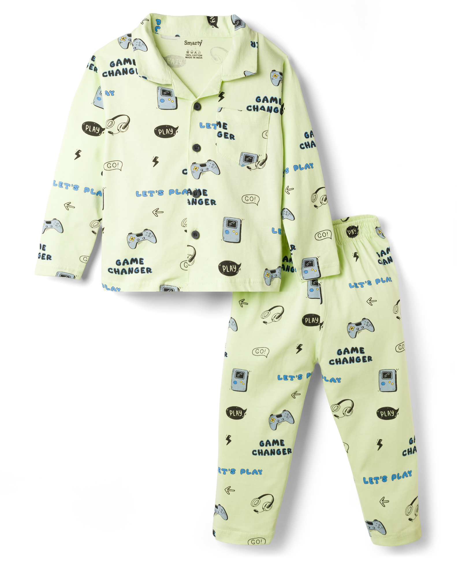 Smarty Boys Sinker Knit Full Sleeves Co Ord Shirt & Pyjama Night Suit Gaming Print - Lime Green-picture-31