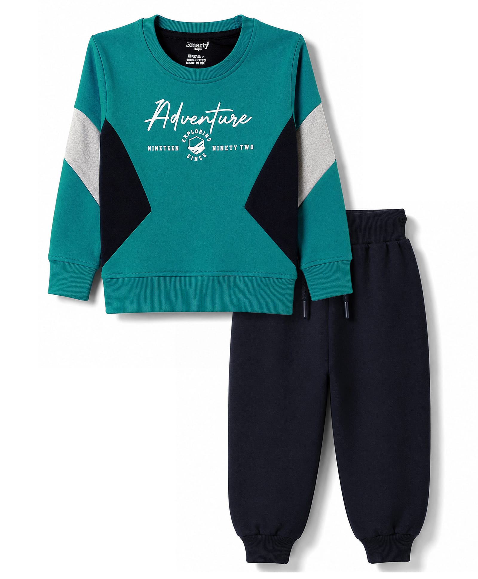 Smarty Boys Terry Knit Full Sleeves T-Shirt & Lounge Pant Set with Cut & Sew Design - Sea Green-image-17