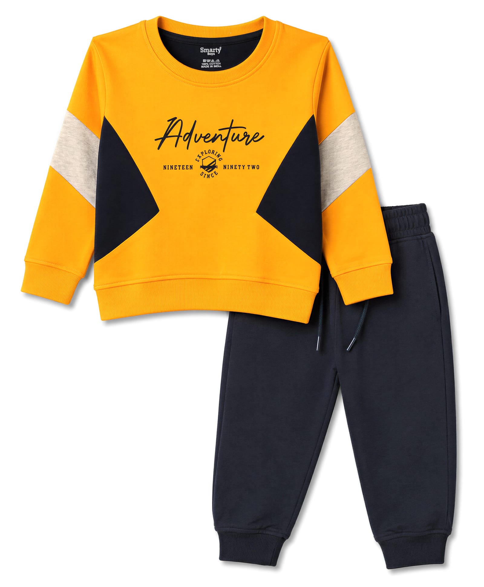 Smarty Boys Terry Knit Full Sleeves T-Shirt & Lounge Pant Set with Cut & Sew Design - Mustard-picture-23