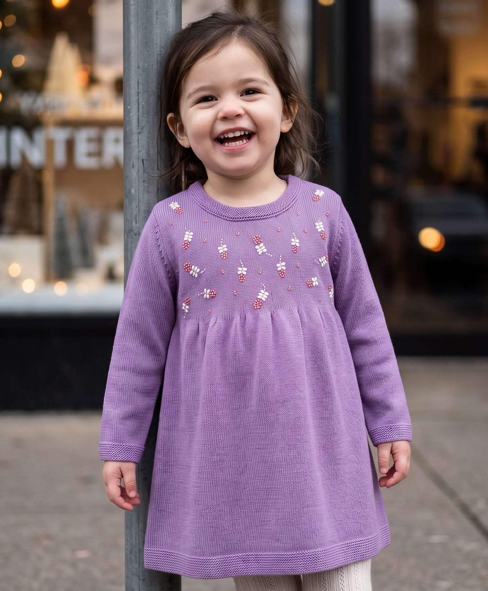 Babyhug Knit Full Sleeves Woollen Sweater Dress with Floral Embroidery - Lavender-image-41
