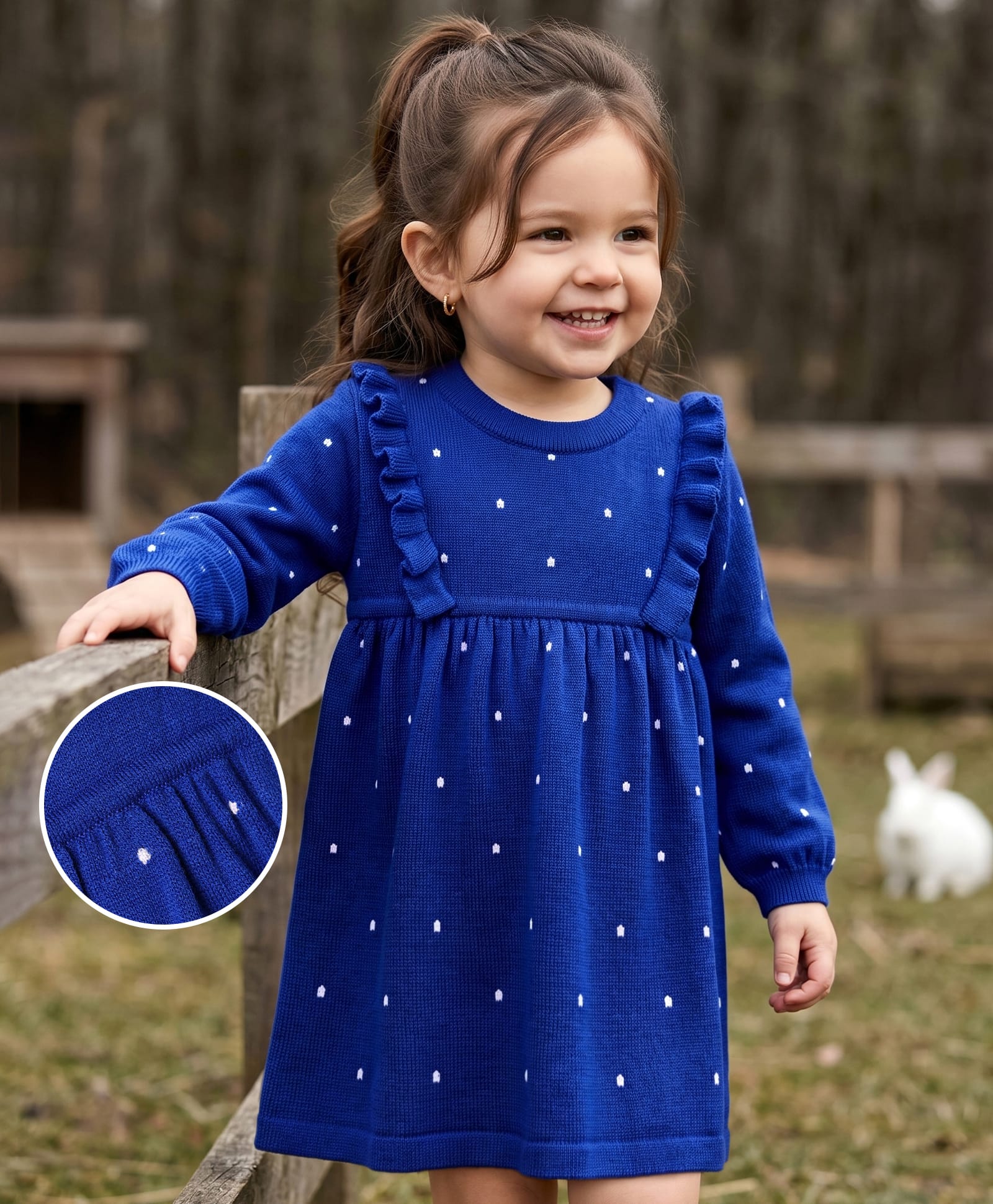 Babyhug Knit Full Sleeves Woollen Sweater Dress With Polka Dot & Frill Design - Royal Blue-image-24