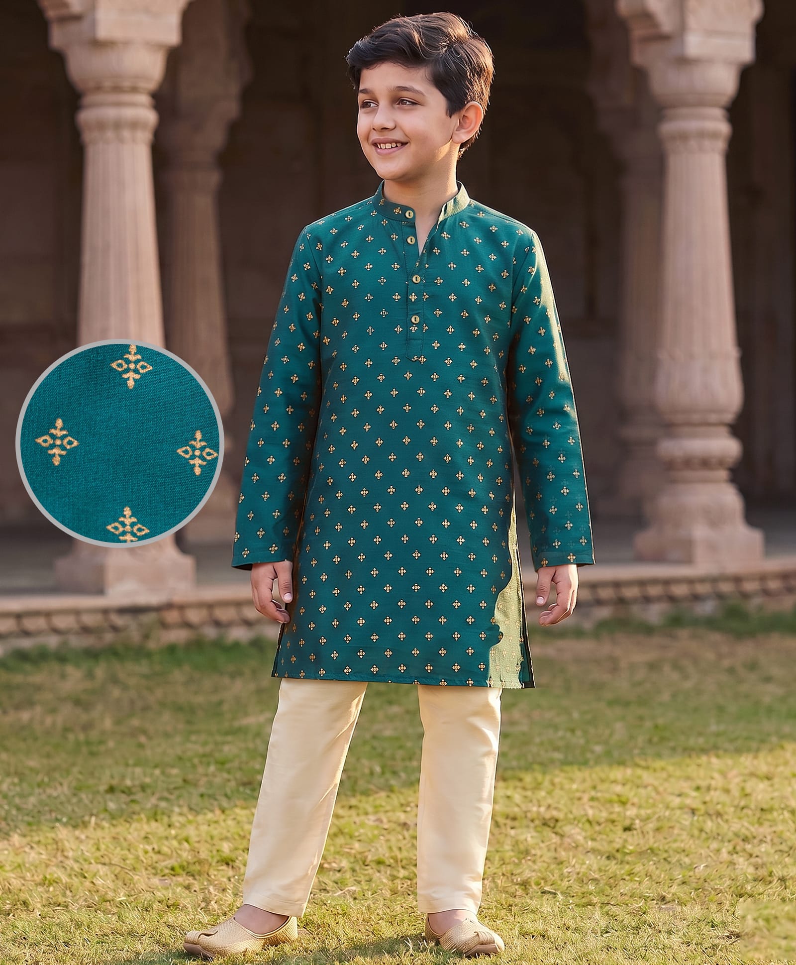 Pine Kids Woven Full Sleeves Floral Foil Printed Kurta & Pyjama Set - Teal Blue-image-21