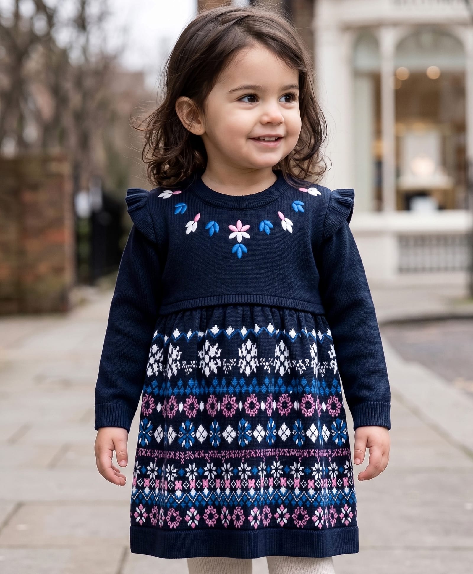 Babyhug Knit Full Sleeves Woollen Dress Frill Detailing With Floral Embroidery - Navy Blue-picture-28