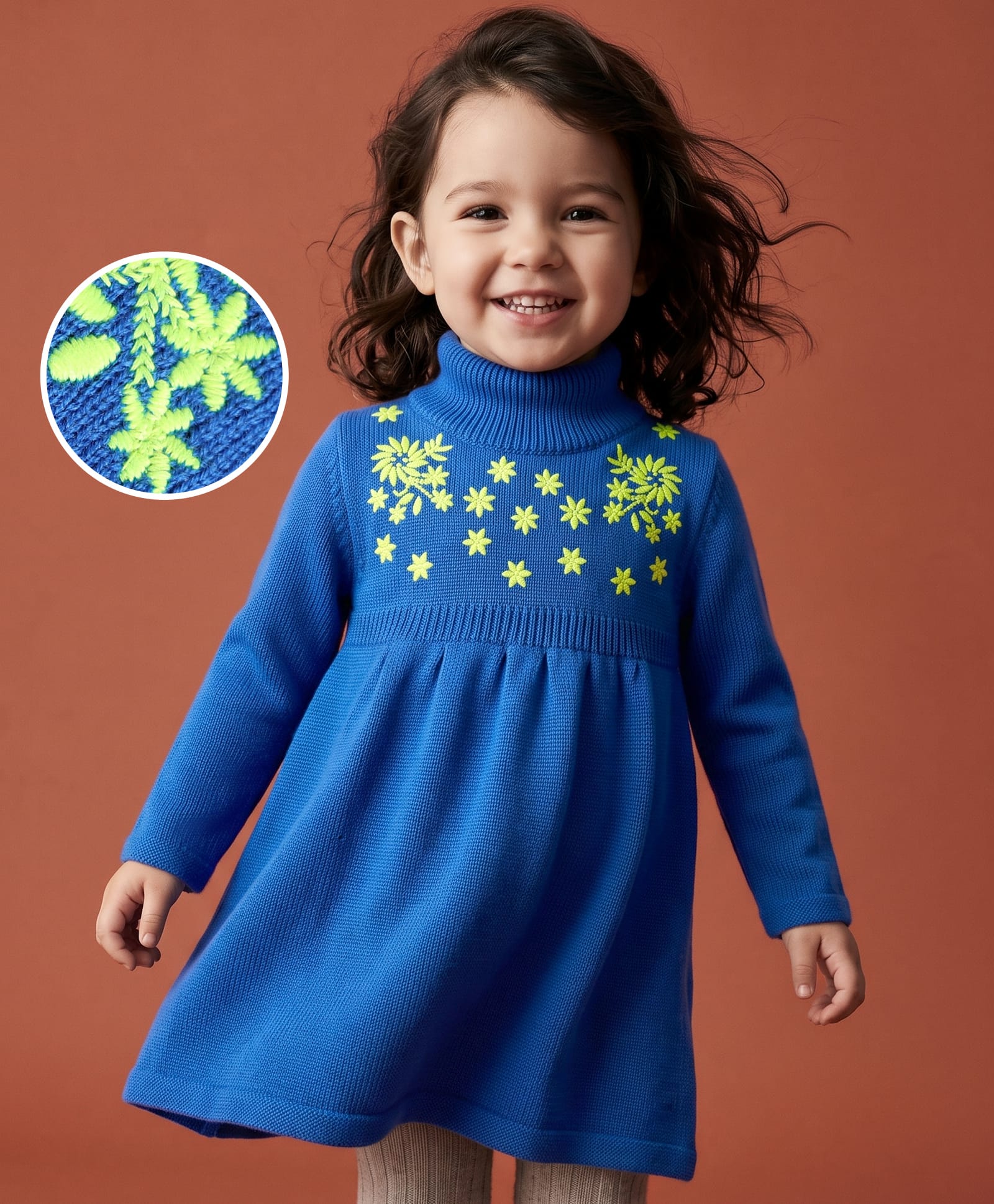 Babyhug Knit Full Sleeves Sweater Dress With Floral Embroidered - Royal Blue-image-22