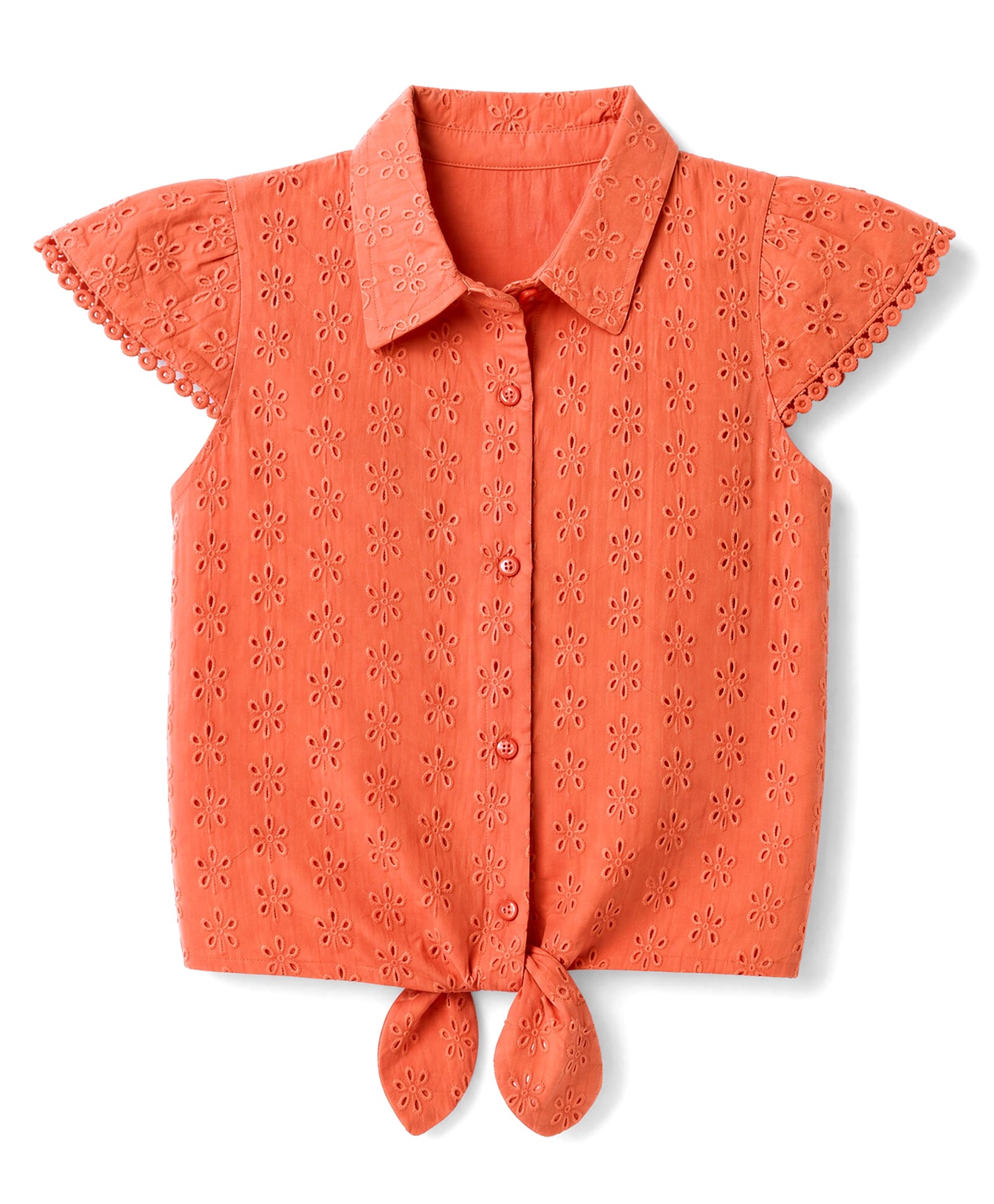 Babyhug Cotton Woven Knotted Top with Half Sleeves and Floral Schiffli Detailing - Coral-picture-26