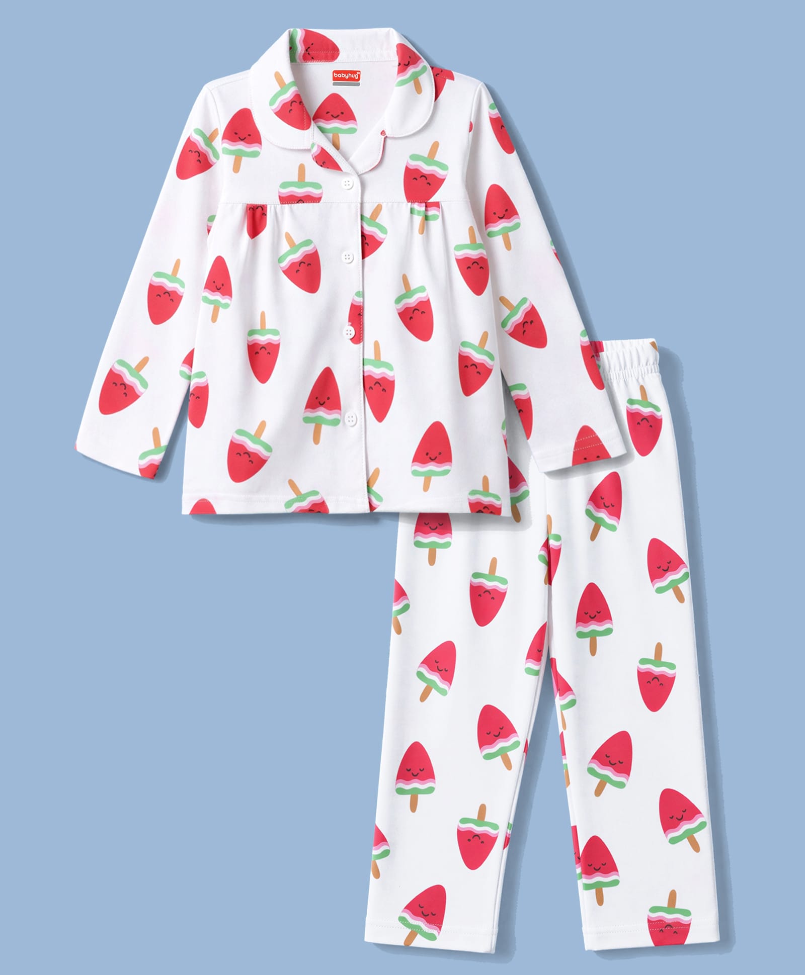 Babyhug Cotton Knit Full Sleeves Watermelon Shaped Popsicles Printed Co-Ords Shirt & Pyjama Night Suit - White & Red-image-11