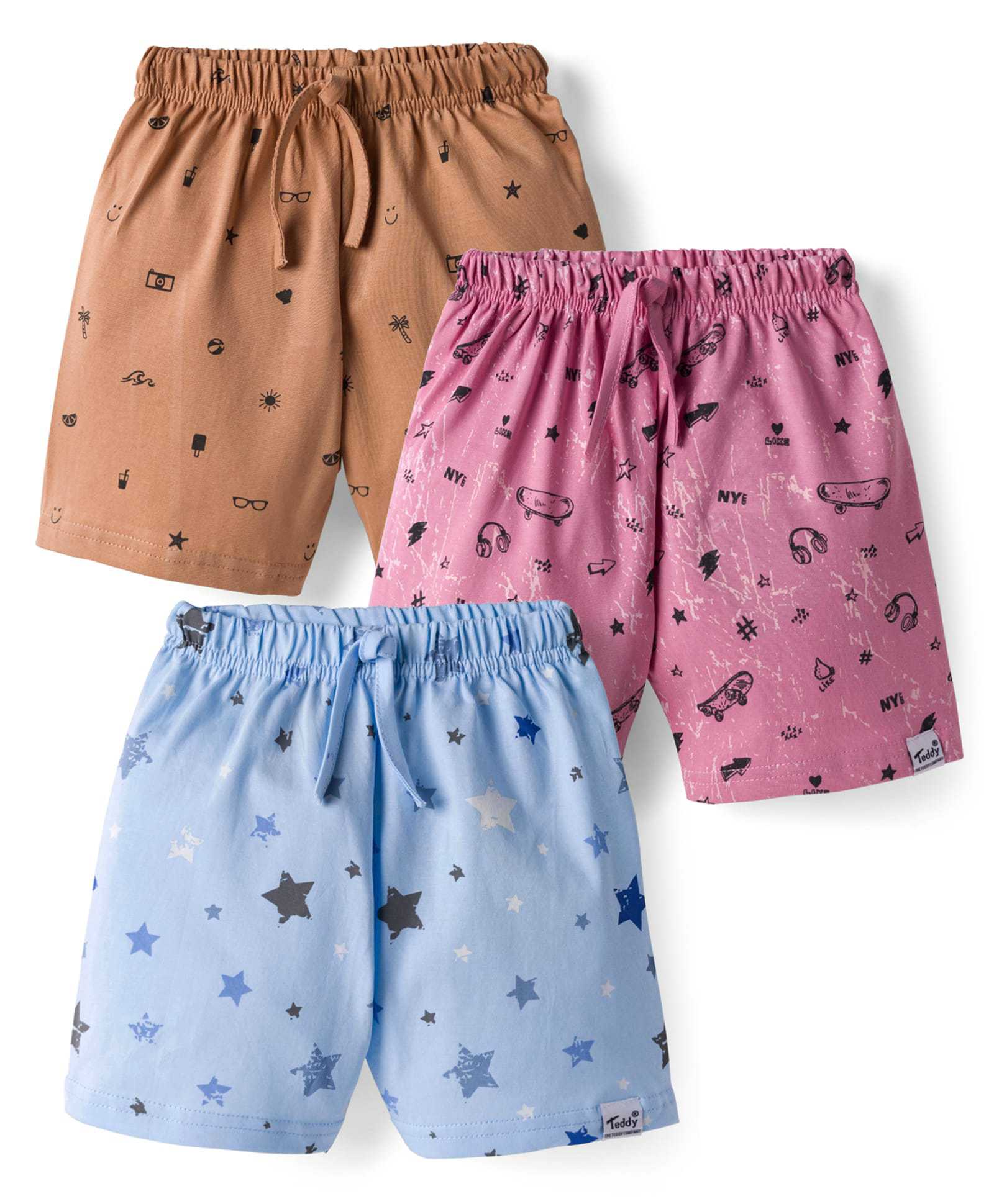 Teddy Sinker Knit Knee Length Star Sports & Beach Theme Printed Shorts Pack of 3 - Light Blue Pink & Tan-picture-26