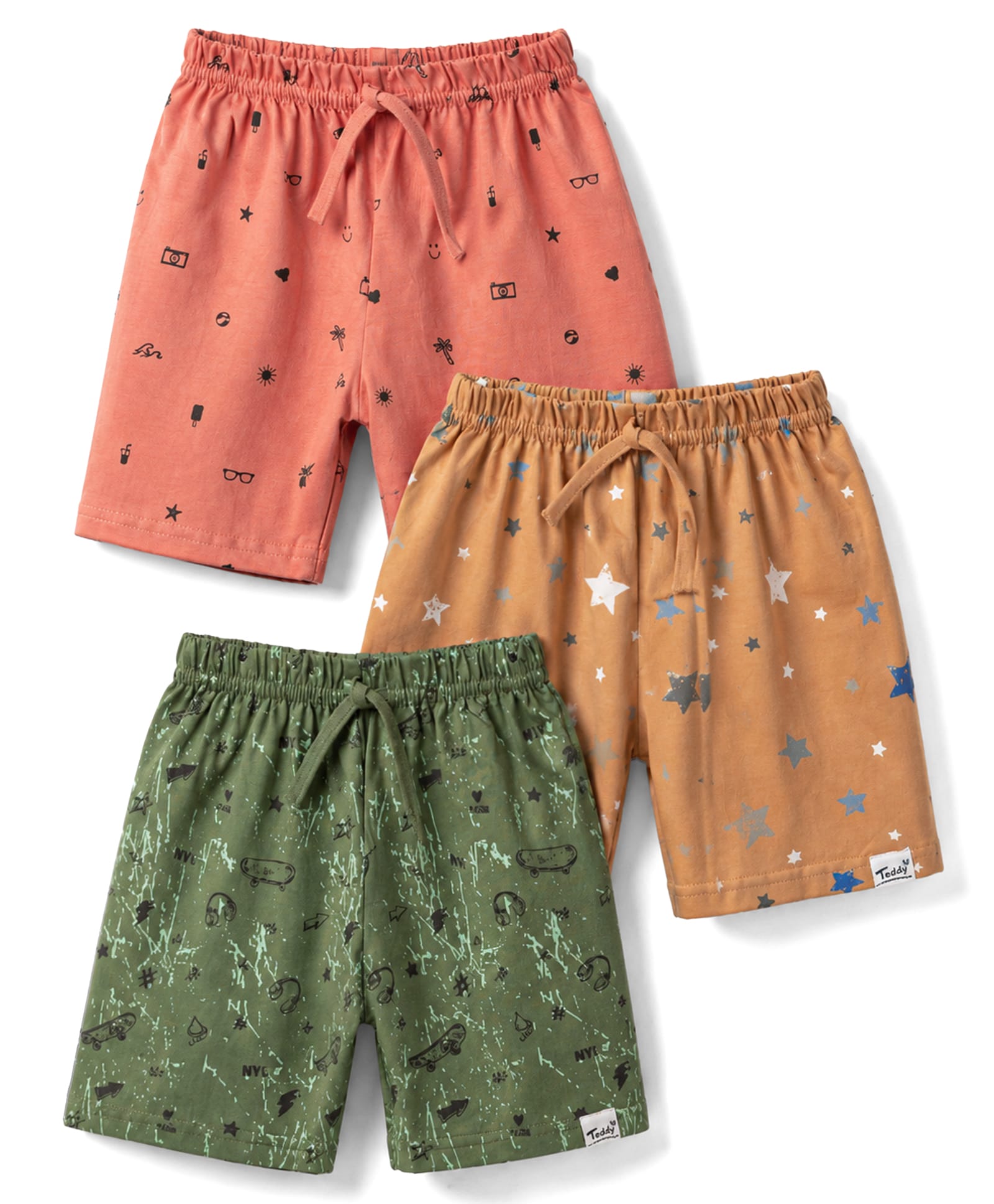Teddy Sinker Knit Knee Length Star Printed Shorts Pack of 3 - Olive Pink & Tan-image-43