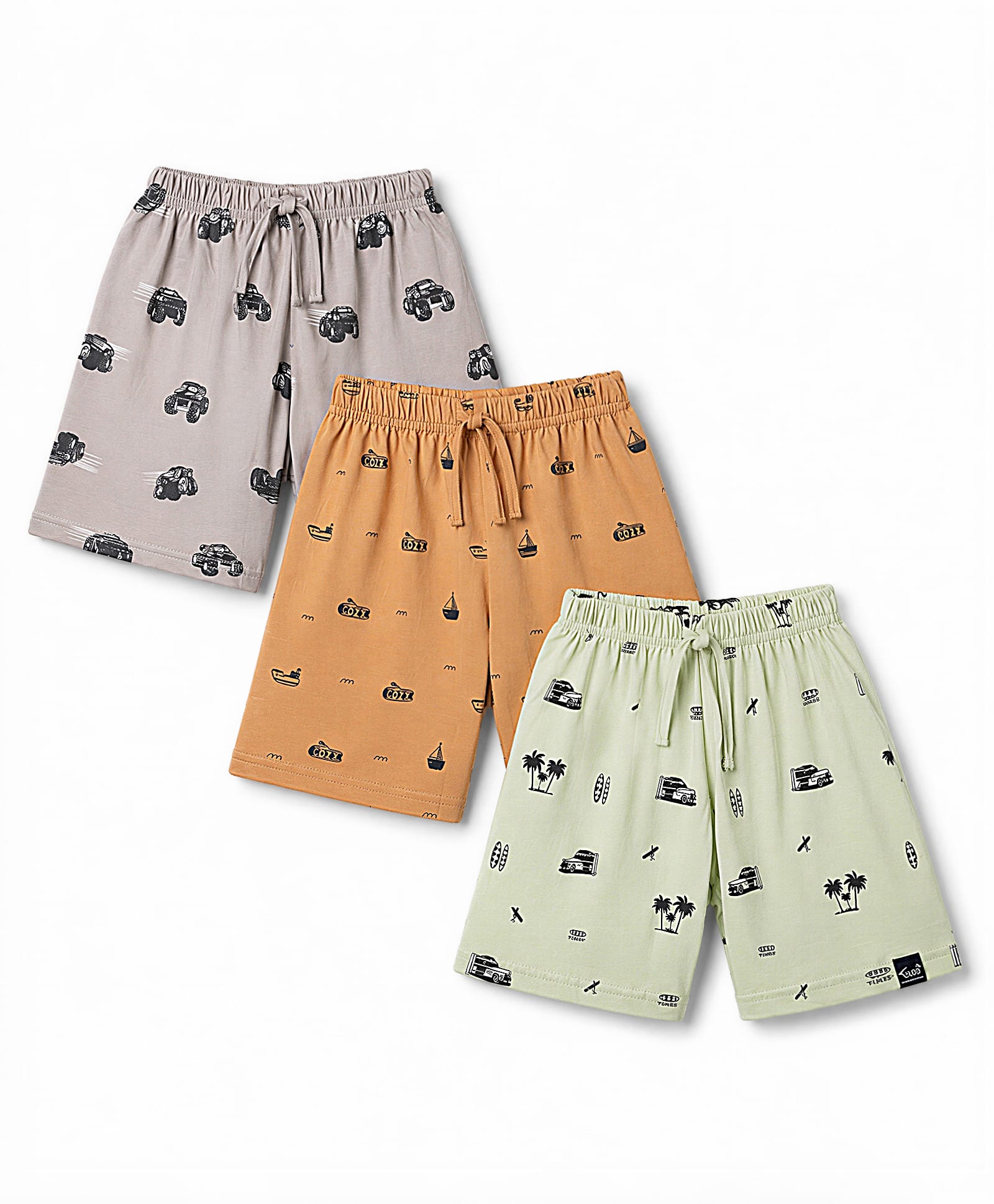 Teddy Sinker Knee Length Shorts with Truck & Tropical Print Pack of 3 - Light Grey, Light Green, Light Orange-picture-17