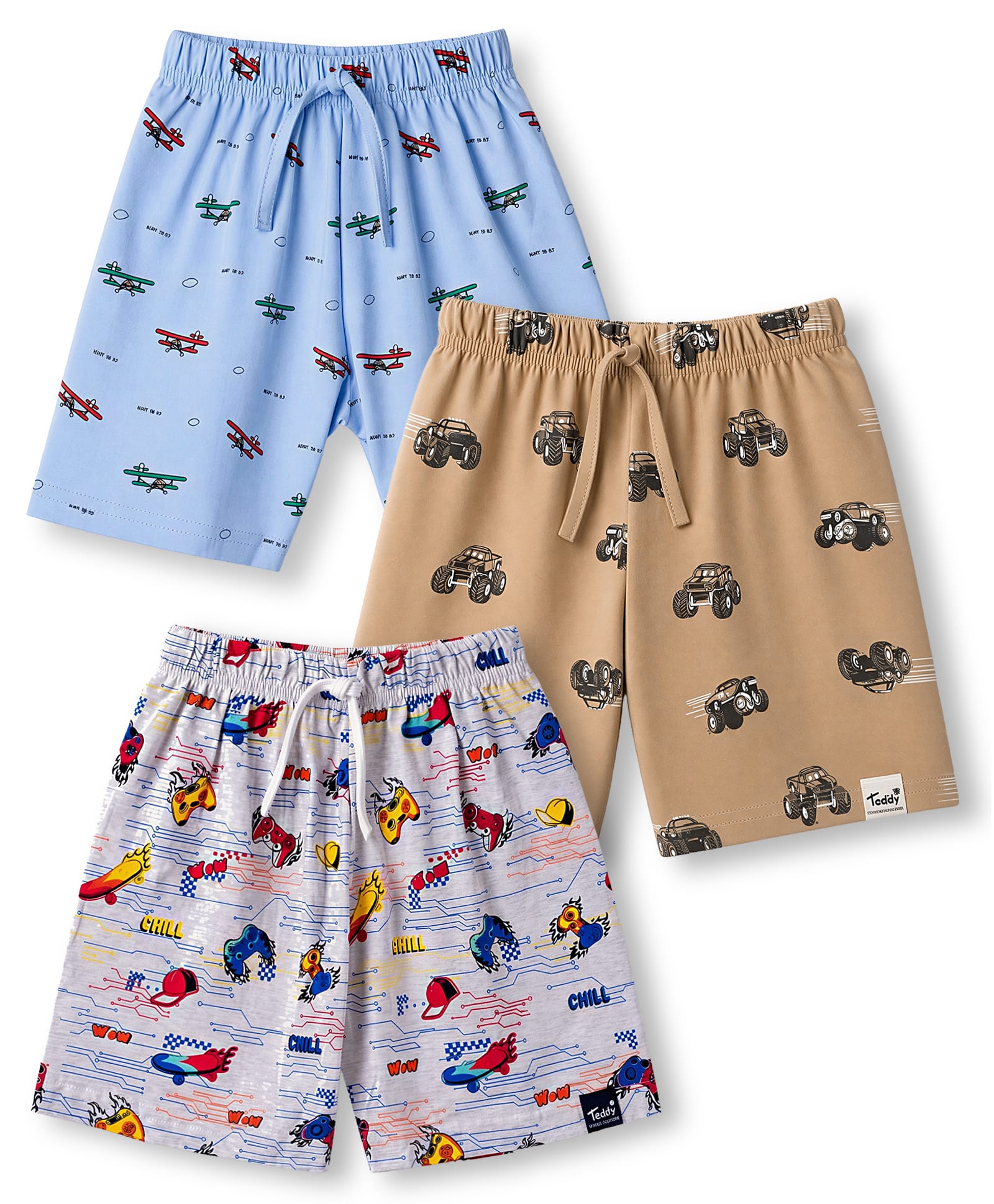 Teddy Sinker Knit Knee length Shorts with Car Print Pack of 3 - Sky Blue Off White & Tan-picture-38