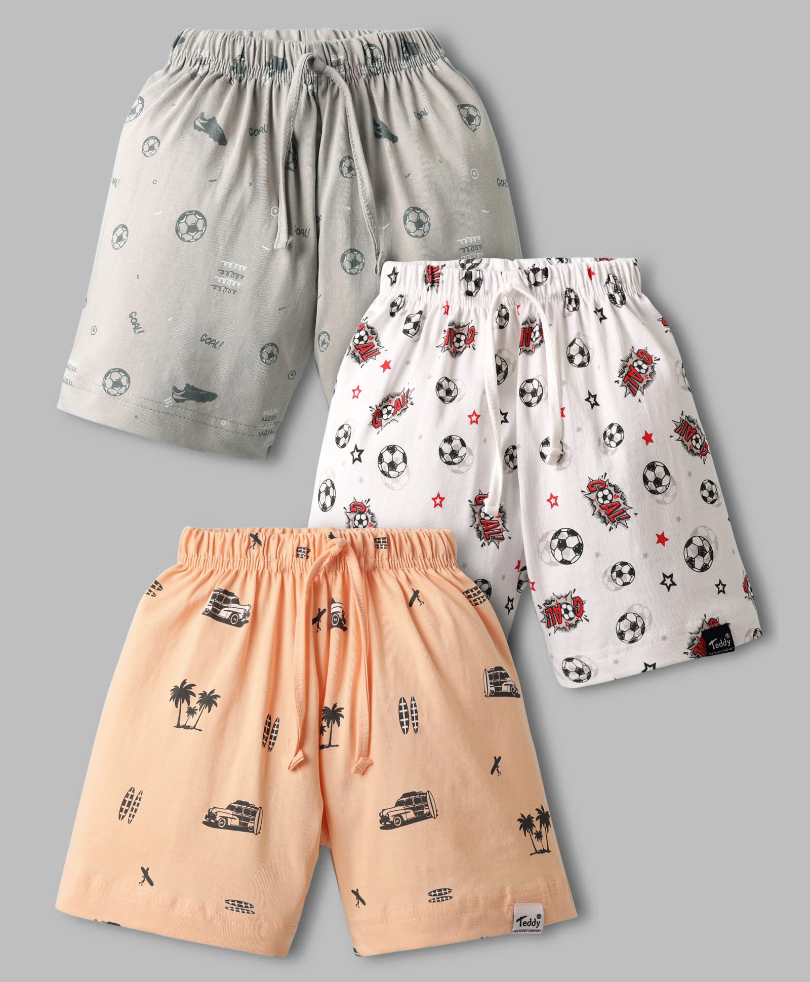 Teddy Sinker Knit Knee Length Beach Theme & Sports Theme Printed Shorts Pack Of 3 - Peach White & Light Grey-picture-11