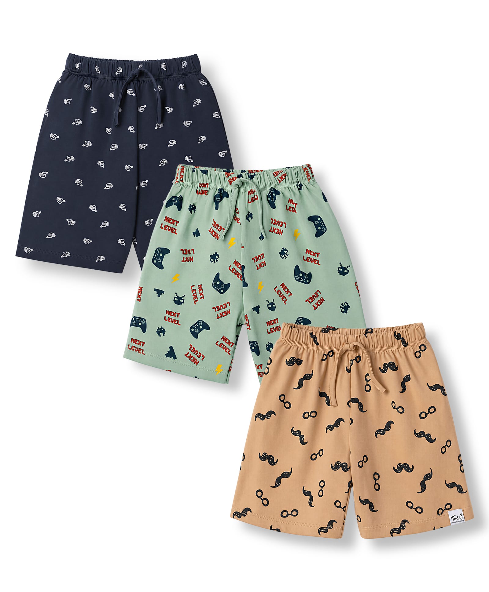 Teddy Sinker Knee Length Shorts with Gaming & Mustache Print Pack of 3 - Tan, Charcoal & Light Green-picture-9