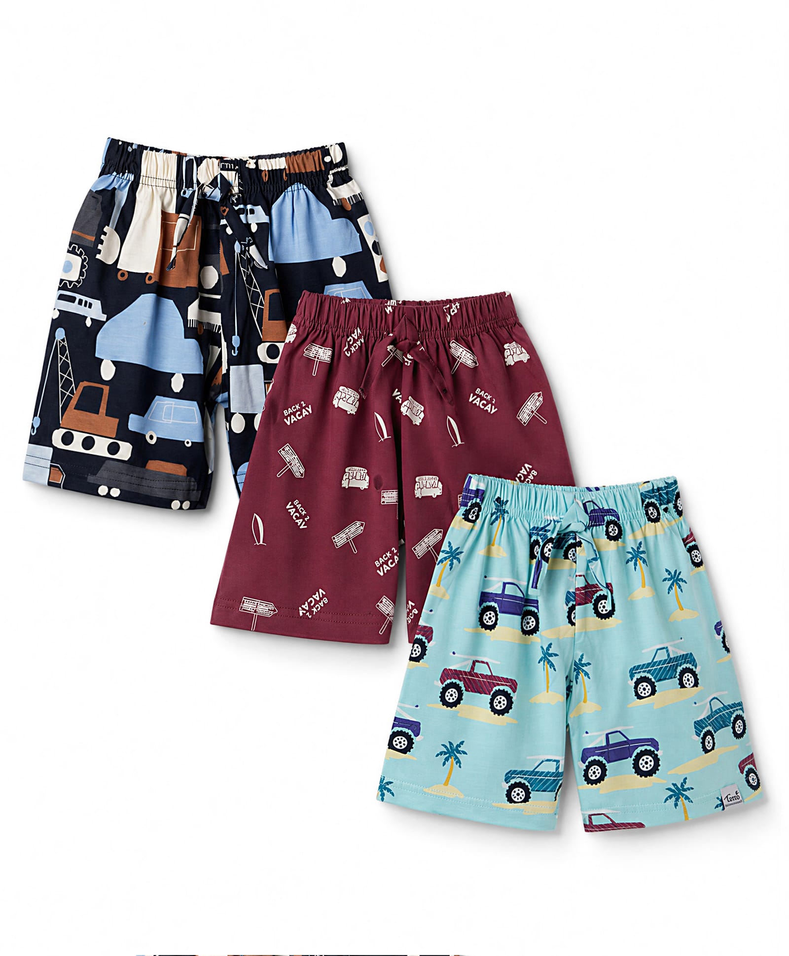Teddy Sinker Knee Length Shorts with Truck & Vacay Print Pack of 3 - Navy, Light Blue & Maroon-picture-28