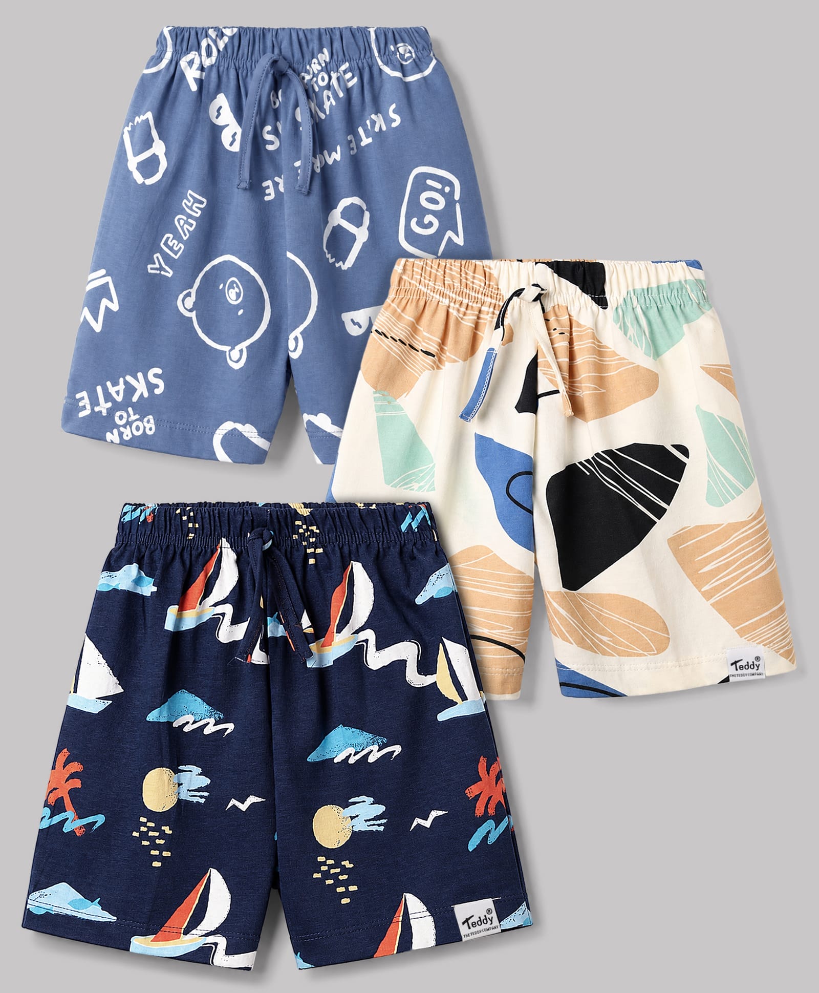Teddy Sinker Knit Knee Length Nautical Theme & Bear Printed Shorts Pack Of 3 - Navy Blue OffWhite & Blue-picture-0
