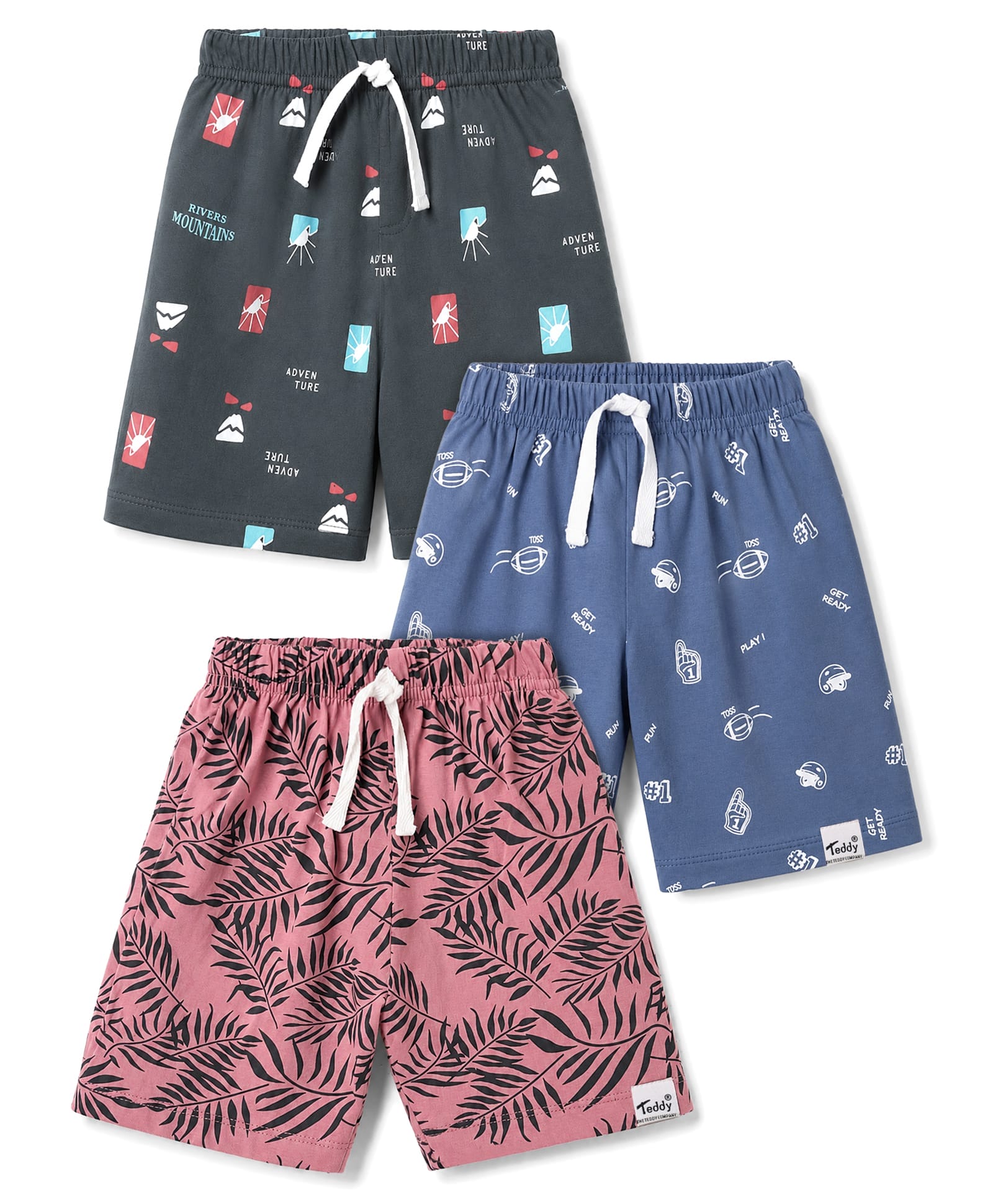 Teddy Sinker Knit Knee Length Tropical Theme & Sports Theme Printed Shorts Pack Of 3 - Blue Pink & Charcoal Grey-picture-10