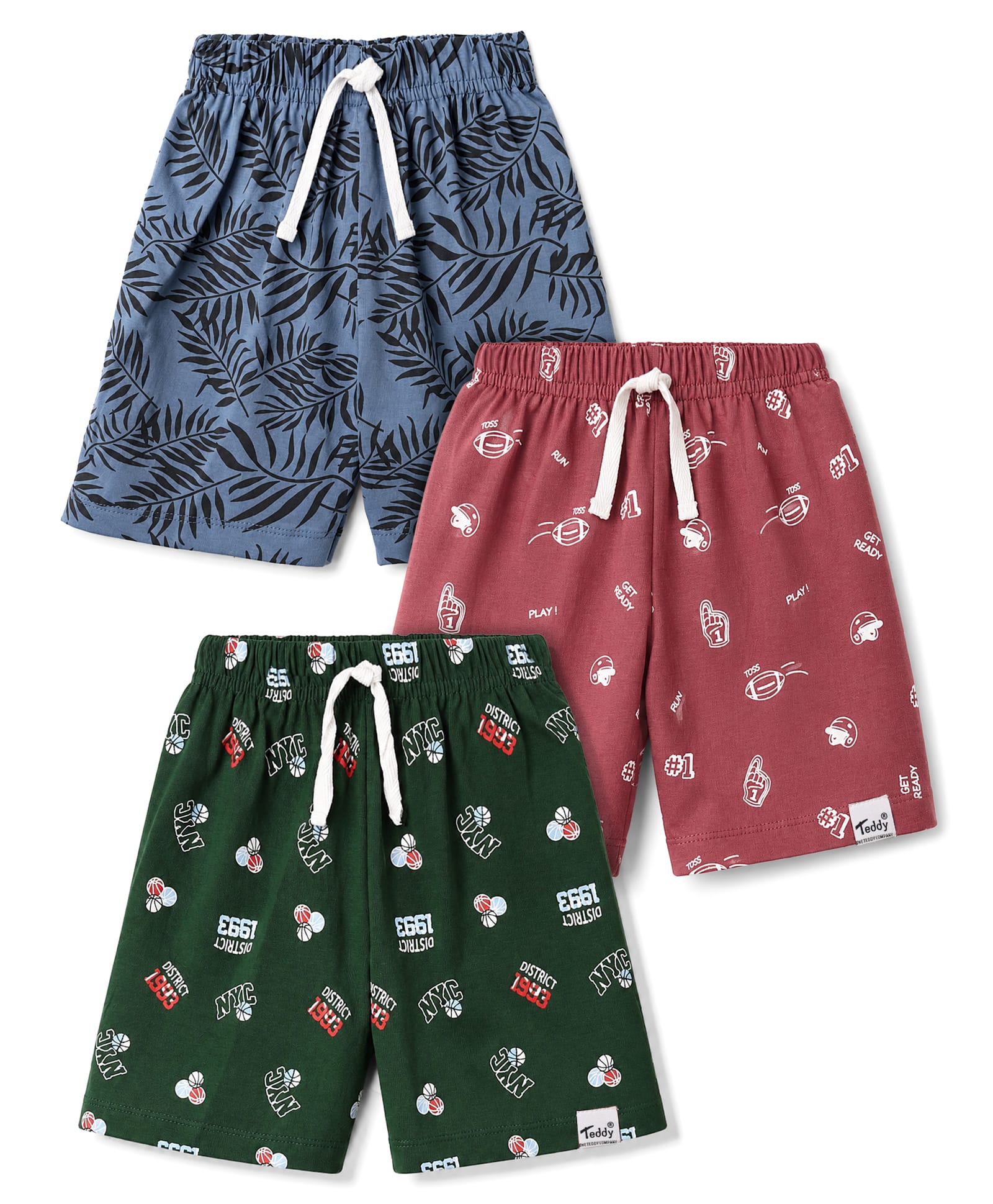 Teddy Sinker Knit Knee Length Tropical Theme Printed Shorts Pack Of 3 - Green Blue & Wine-picture-25