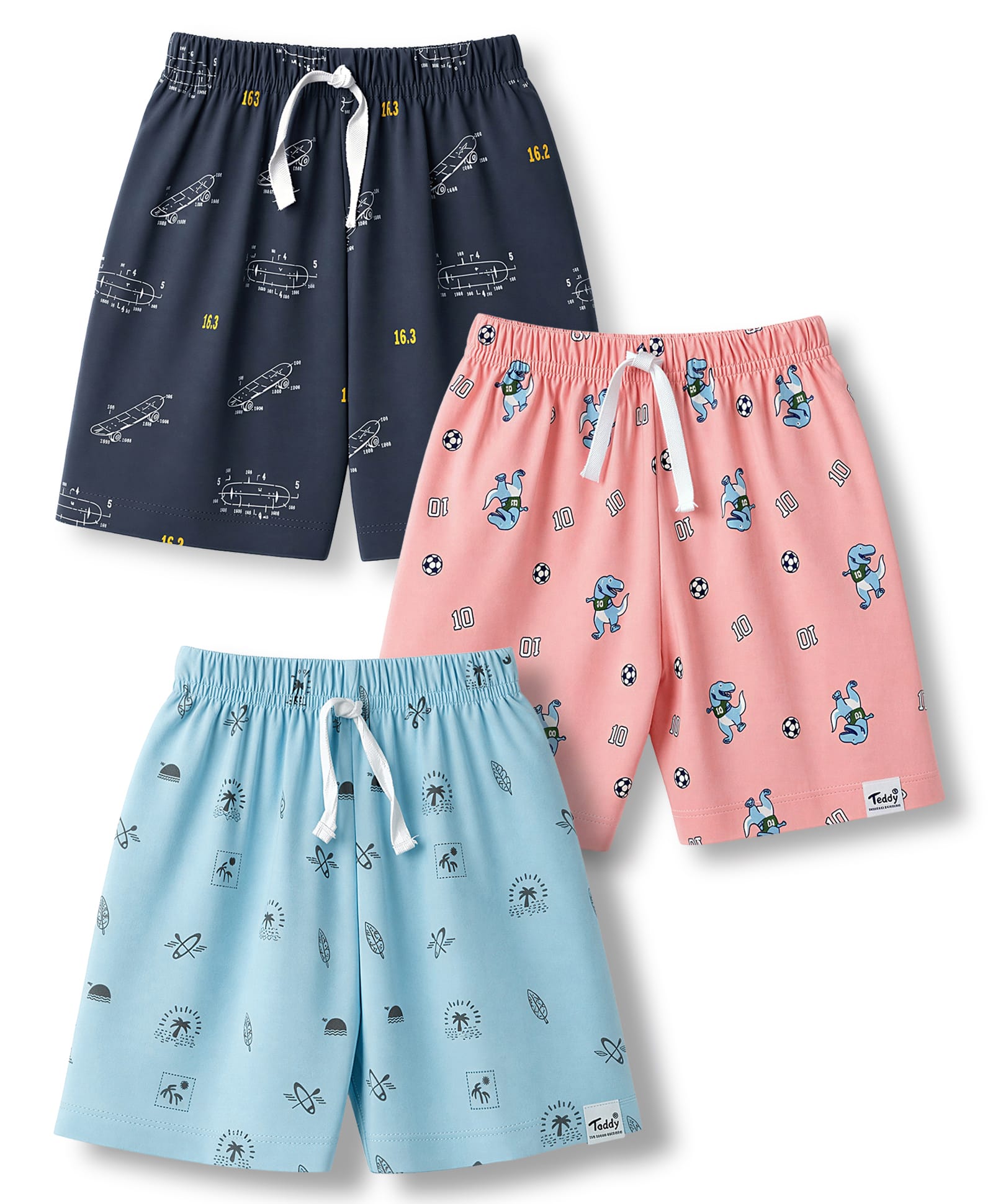 Teddy Sinker Knit Knee Length Shorts with Dino Print Pack of 3 - Sky Blue Charcoal & Pink-picture-11