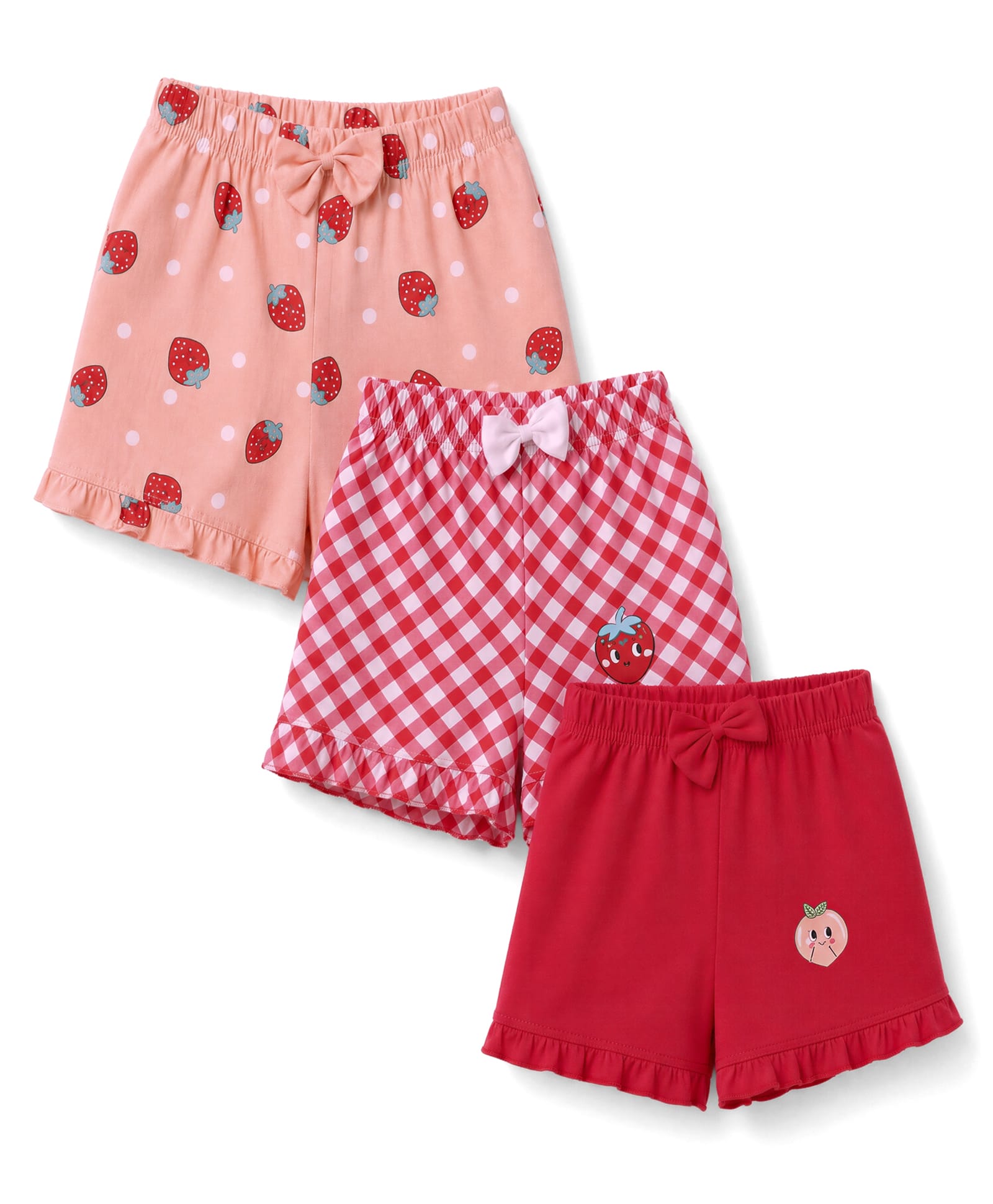 Teddy Sinker Knit Knee Length Checks Shorts with Strawberry Print & Bow Pack of 3 - Pink Peach & Red-image-44