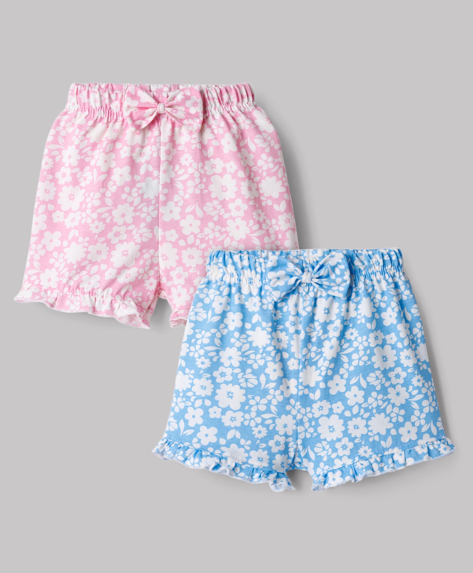 Teddy Sinker Knit Knee Length Floral Printed Shorts With Bow Applique Pack Of 2 - Light Blue & Pink-picture-14