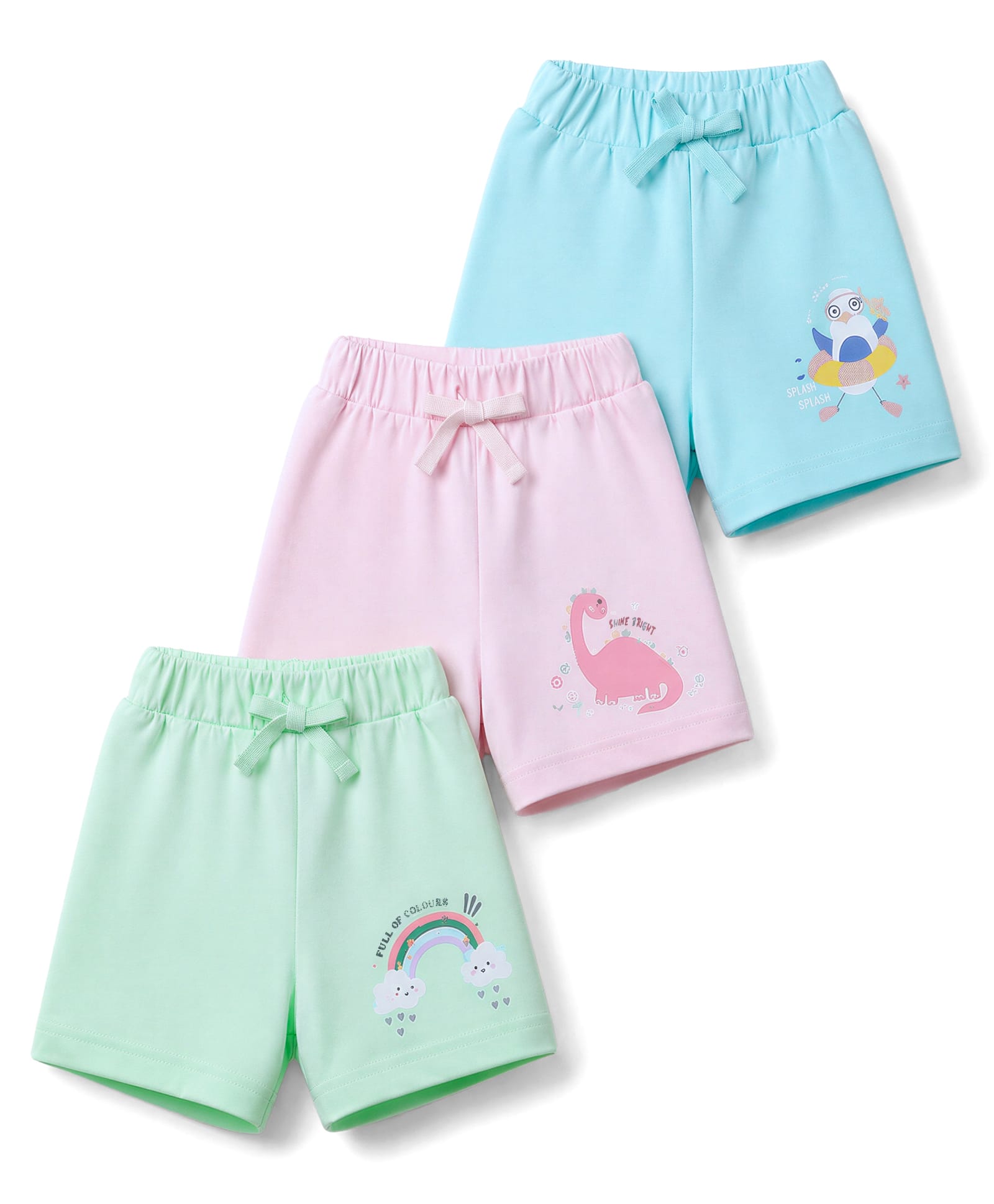 Teddy Sinker Knee Length Shorts with Rainbow, Dino & Bird Print Pack of 3 - Light Pink, Light Blue & Light Green-picture-22