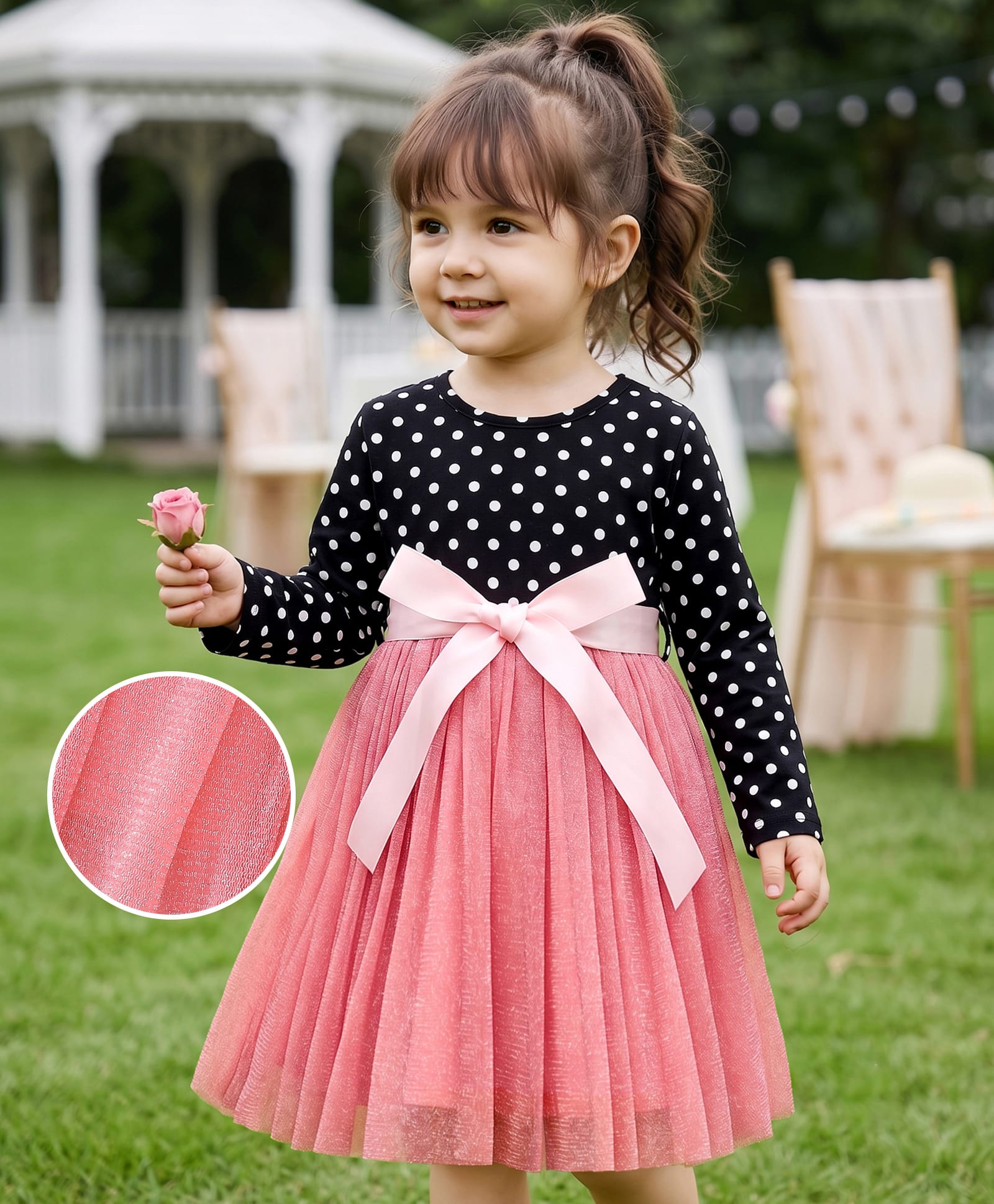Mark & Mia Full Sleeves Fit & Flare Party Frock with Polka Dot Print & Bow Applique - Black & Pink-image-12