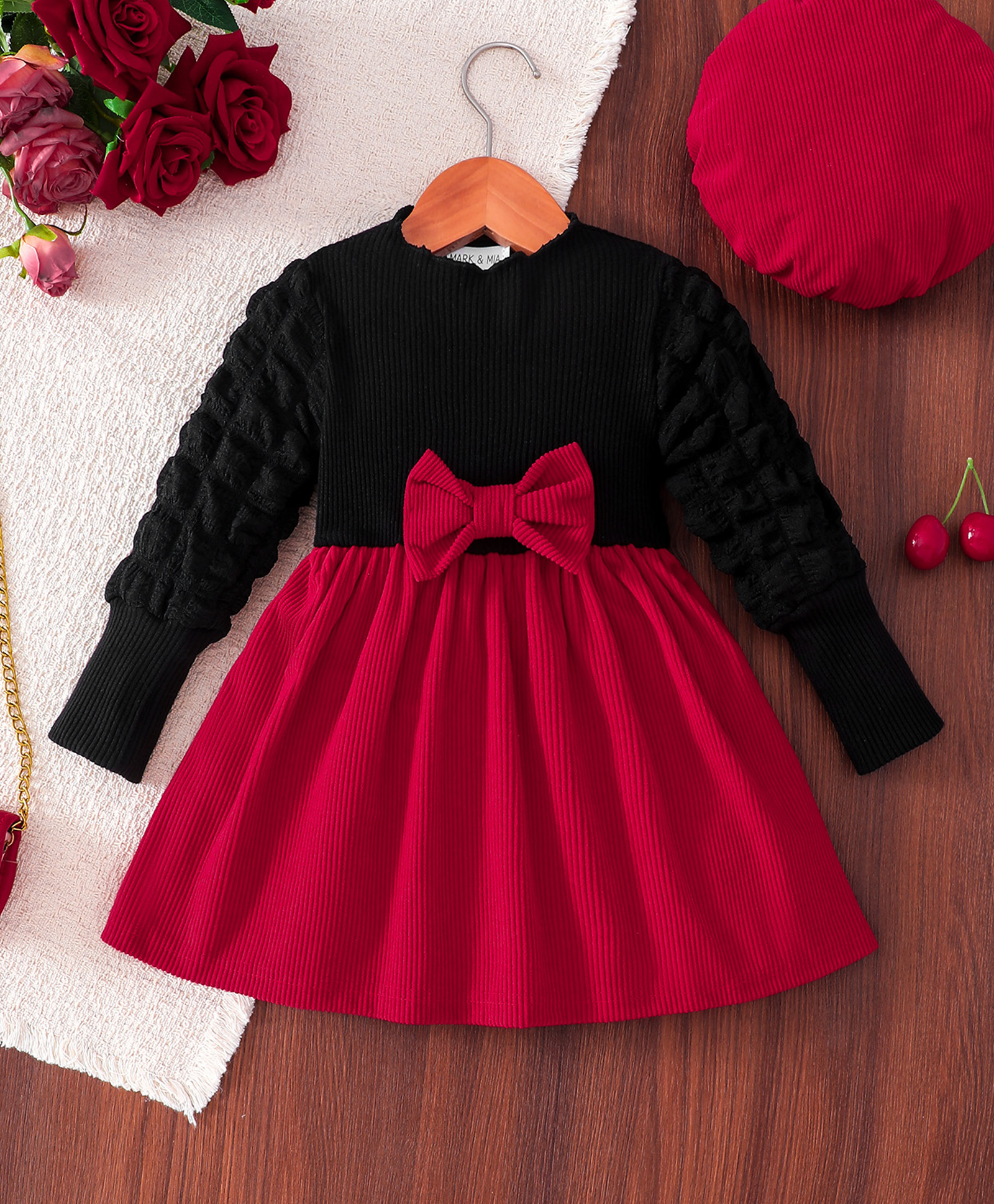 Mark & Mia Full Sleeves Fit & Flare Solid Colour Party Frock with Bow Applique - Red-image-18