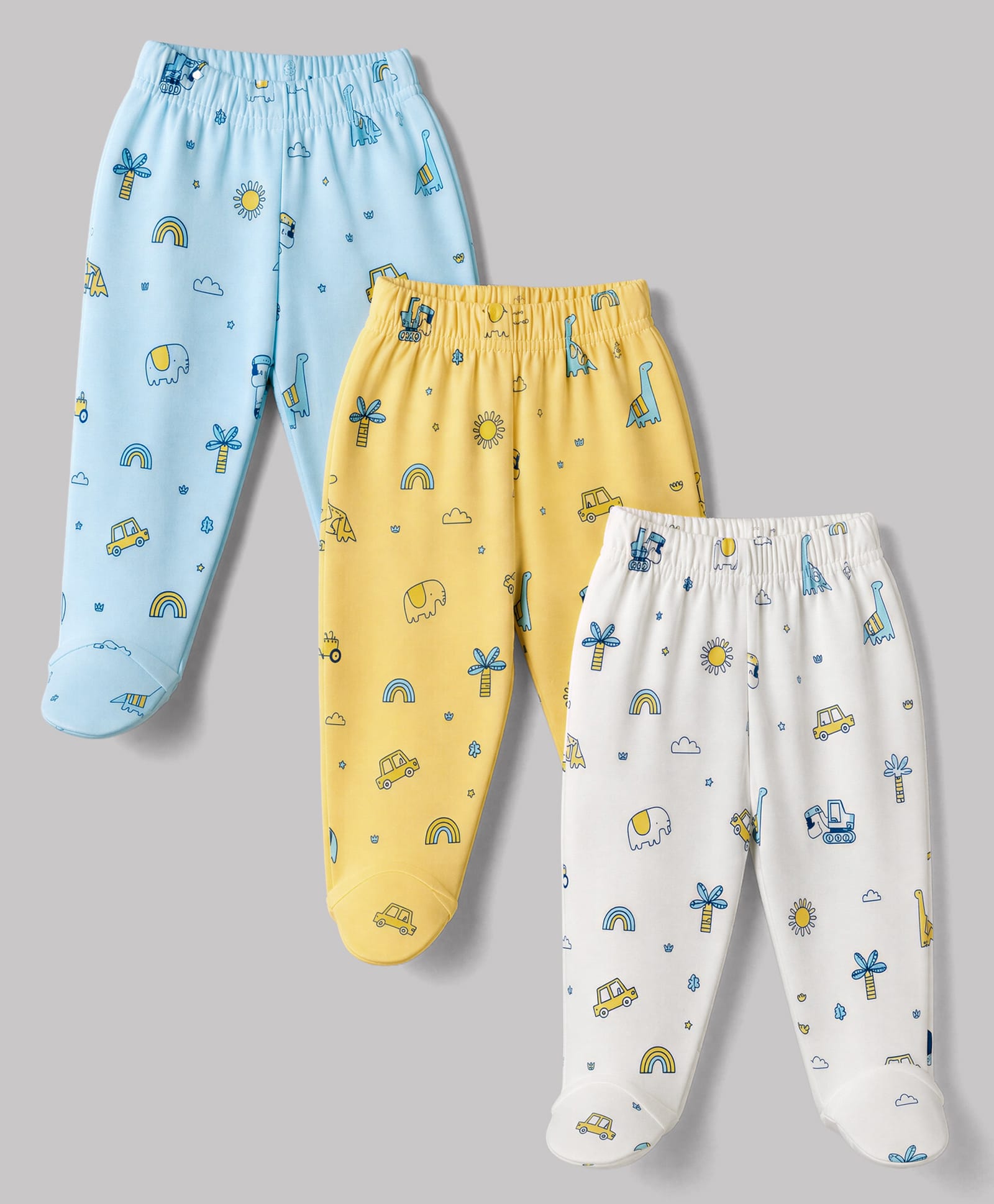 Doodle Poodle 100% Cotton Knit Full Length Vehicles Elephant & Rainbow Printed Bootie Leggings Pack Of 3 - White Yellow & Light Blue-picture-18