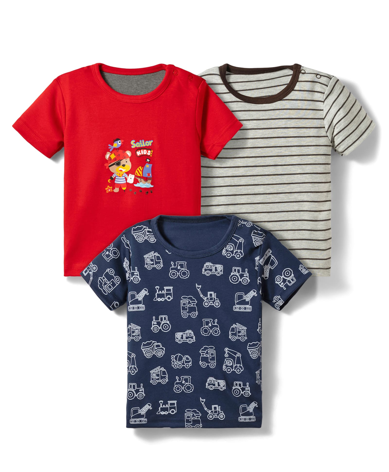Junior Star Pack Of 3 Half Sleeves Striped & Construction Vehicles Printed Tees - Multi Colour-picture-11