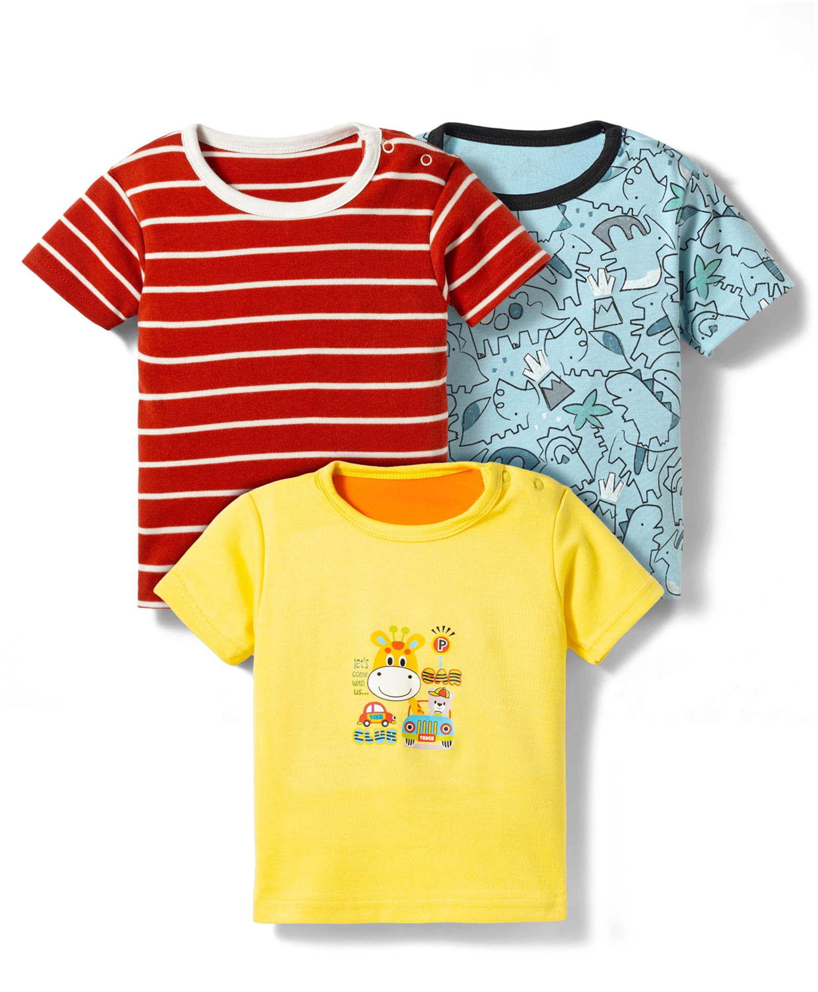 Junior Star Pack Of 3 Half Sleeves Striped & Dinosaurs Printed Tees - Multi Colour-image-45