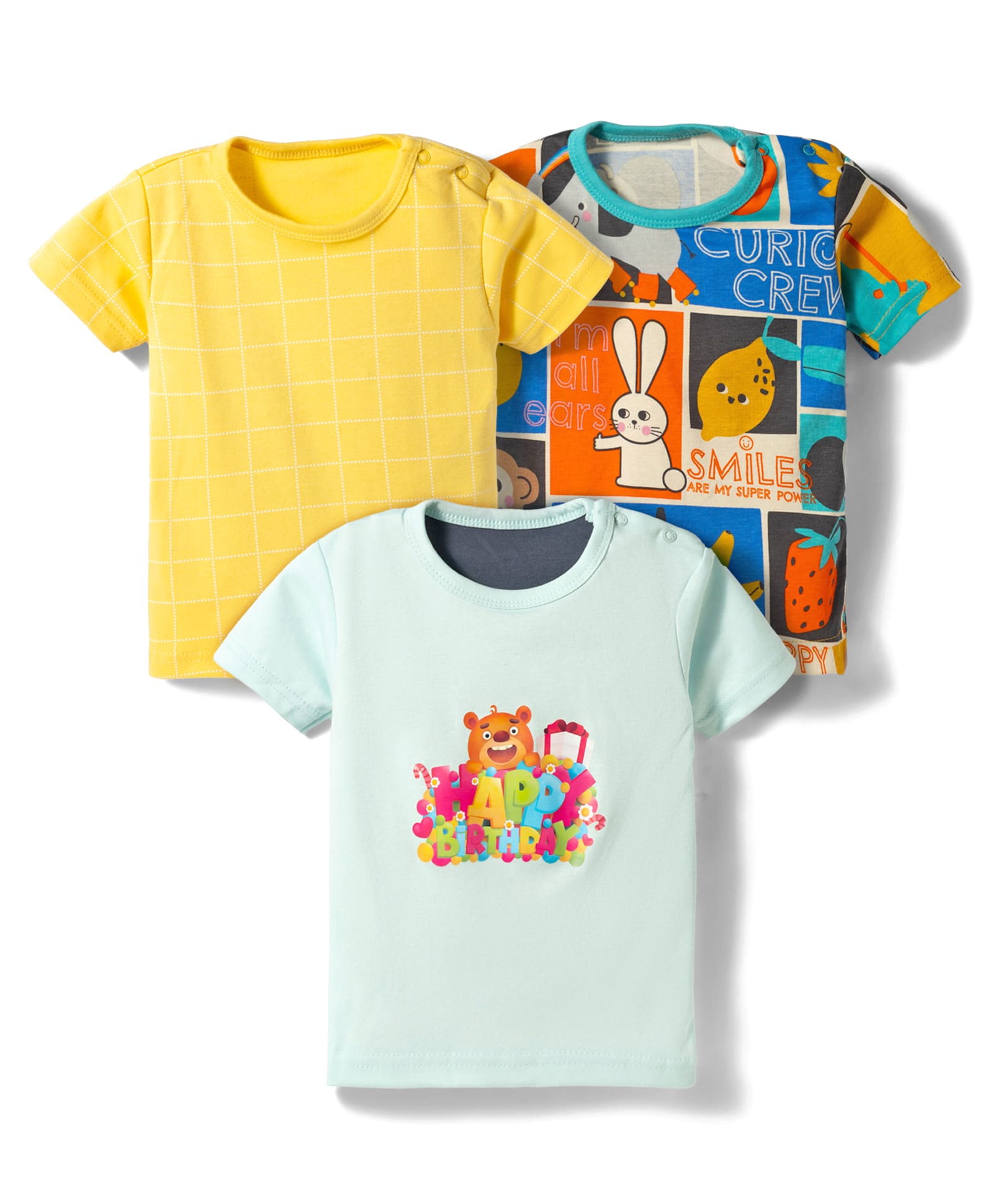 Junior Star Pack Of 3 Half Sleeves Graph Checked & Bear Printed Tees - Multi Colour-image-8