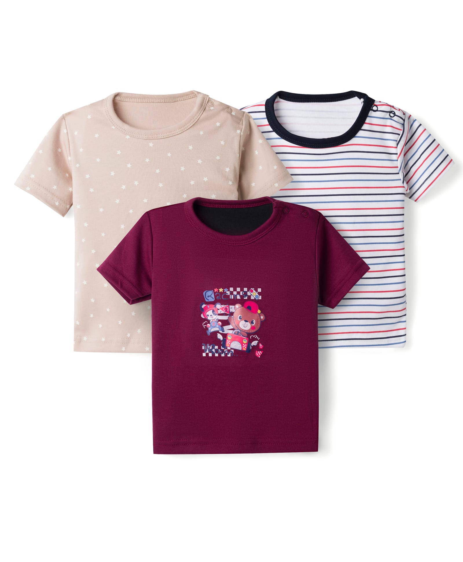 Junior Star Pack Of 3 Half Sleeves Striped & Polka Dots Printed Tees - Multi Colour-image-7