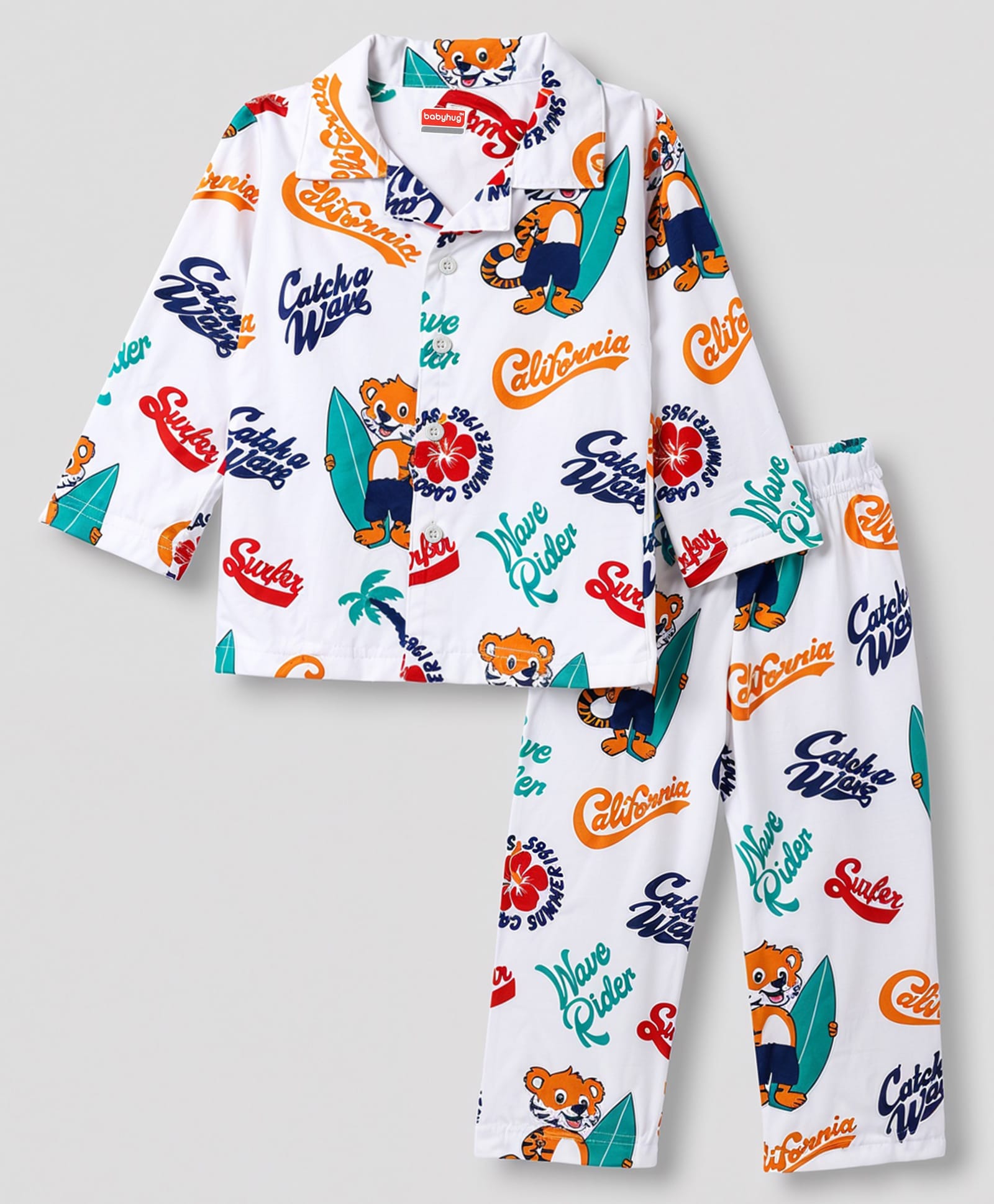 Babyhug Cotton Knit Full Sleeves Animal & Surf Theme Printed Co-Ords Shirt & Pyjama Night Suit - White-image-1