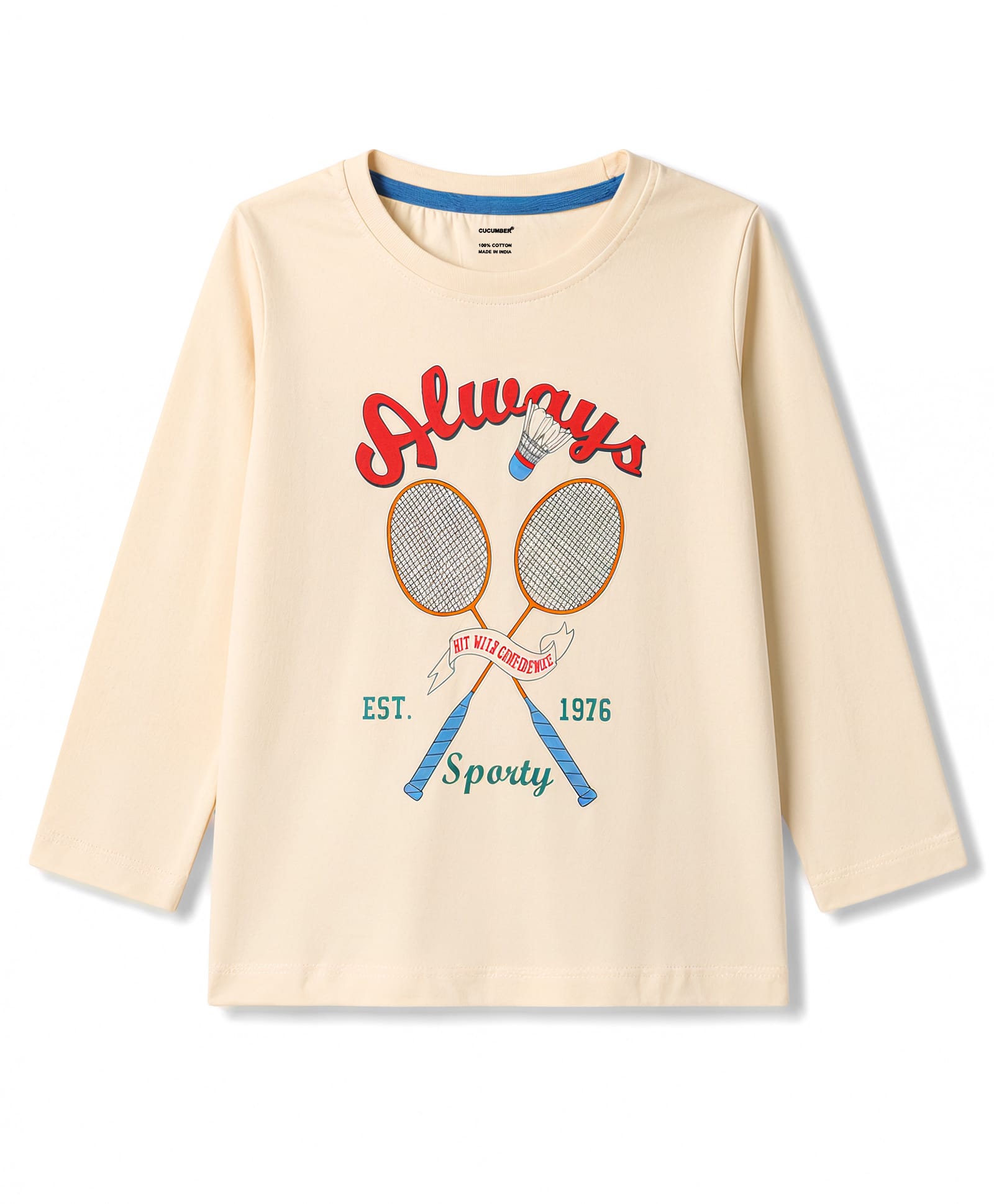 CUCUMBER Cotton Knit Badminton Printed T-Shirts Full Sleeves Round Neck Cream 2-3 Years-image-3