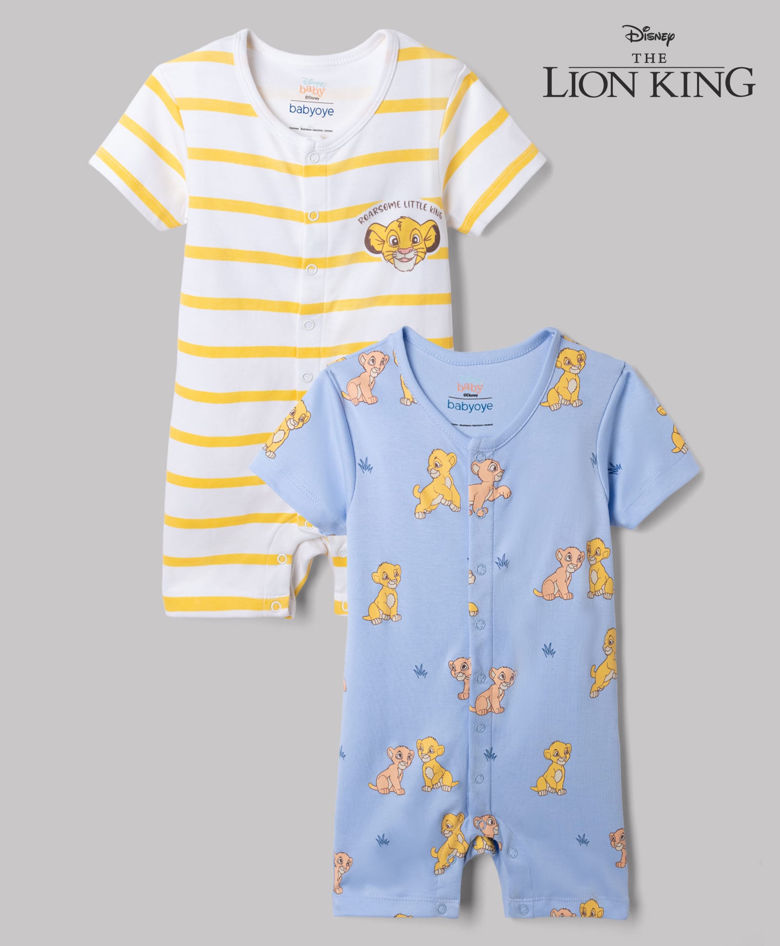 Babyoye Disney Interlock Knit Half Sleeve Striped Rompers With Lion King Graphic Pack of 2 - White & Light Blue-picture-4