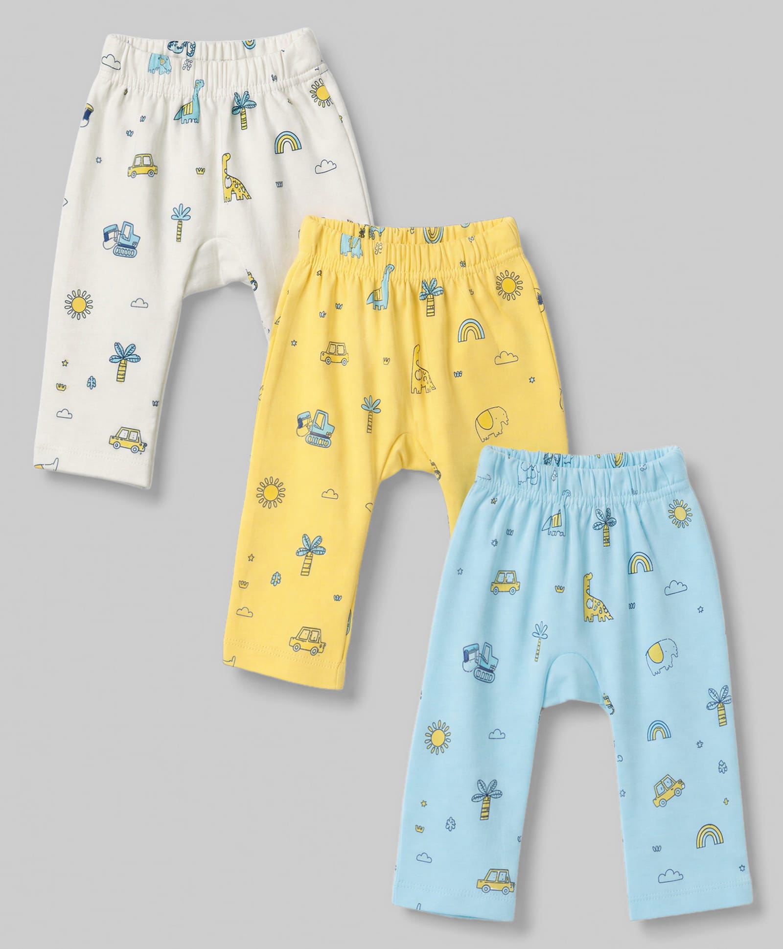 DOODLE POODLE 100% Cotton Knit Full Length Dino Printed Diaper Leggings Pack of 3 - Yellow Light Blue & White-image-27