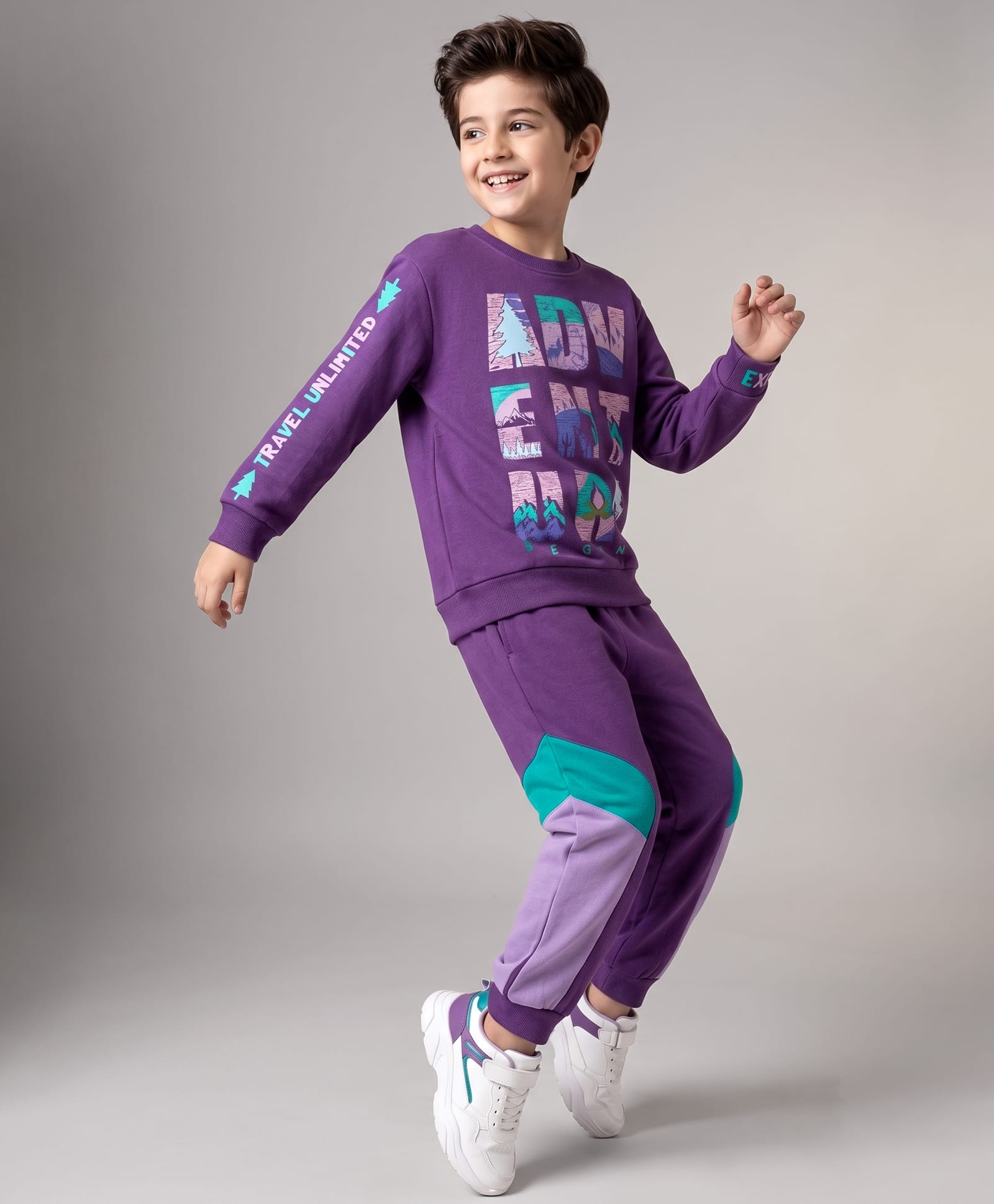 OLLINGTON ST. Cotton Looper Knit Full Sleeves Winter Wear Suit With Text Print - Purple-picture-10